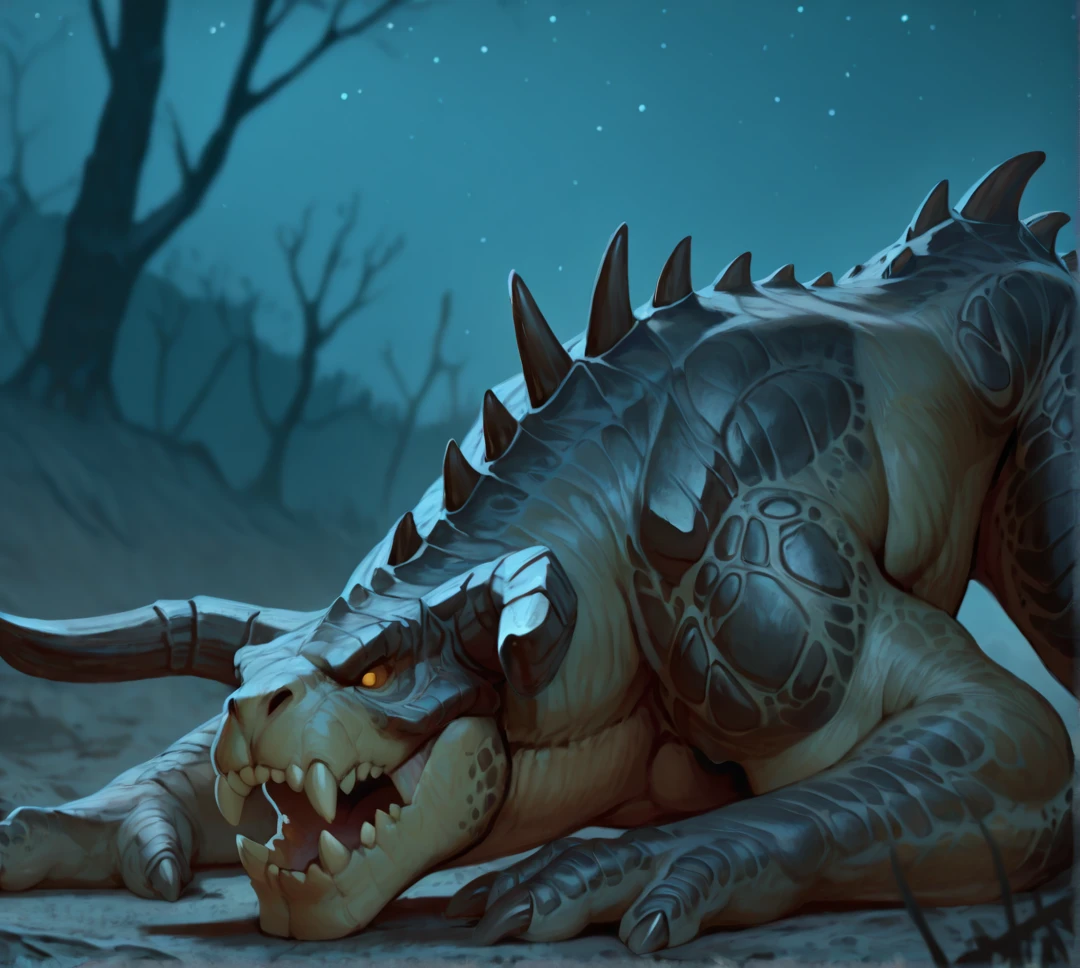 detailed face, detailed body, detailed background, perfect hands, perfect anatomy, masterpiece, high quality, best quality,
wasteland, ((blurry background)), dark, (night), wasteland, laying down, laying on stomach, crawling, stars,
d3athclaw, monster, creature, scales, textured skin, horns, sharp teeth, spikes, fangs, muscular
<lora:Deathclaw for Illustrious:0.75>, <lora:Detailer_NoobAI_Incrs_v1:0.3>