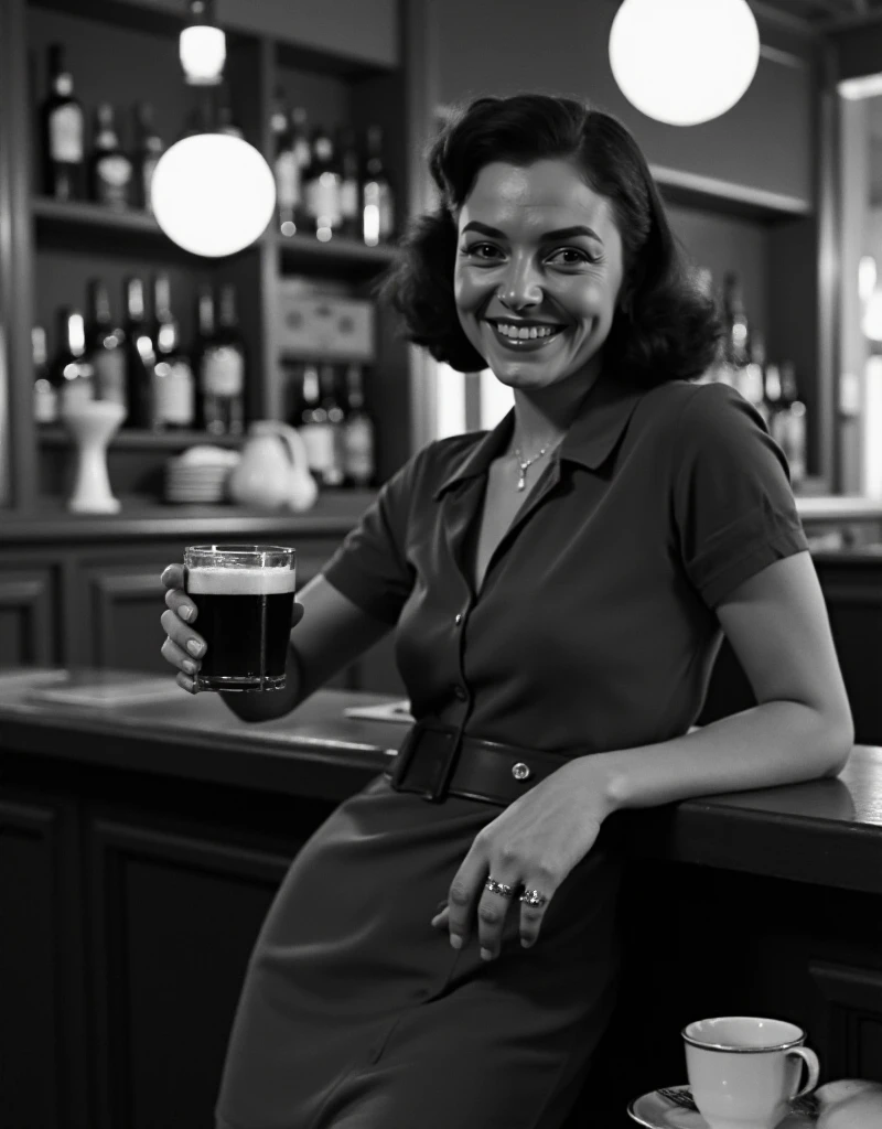 cinematic film still of <lora:1930's style:1>
In the 1930's a woman is standing behind a counter with a bottle of beer,solo,looking at viewer,smile,shirt,1boy,holding,sitting,monochrome,greyscale,male focus,food,collared shirt,indoors,grin,cup,microphone,realistic,can,newspaper,realistic,realism,perfection,perfect,filmic,retro,vintage,classic,different haircut,different look,different style,1930's style , 1930 style, shallow depth of field, vignette, highly detailed, high budget, bokeh, cinemascope, moody, epic, gorgeous, film grain, grainy