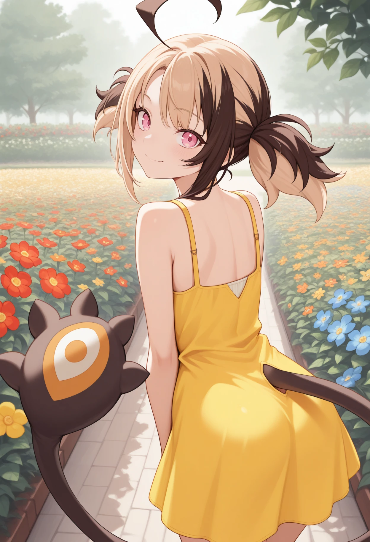 masterpiece, best quality, 1girl, solo, Gigi, pink eyes, multicolored hair, short twintails, ahoge, tail, from behind, looking at viewer, yellow sundress, outdoors, garden, yellow flower, red flower, blue flower, smile, <lora:ChamGigiMurinIllustriousXL:1>