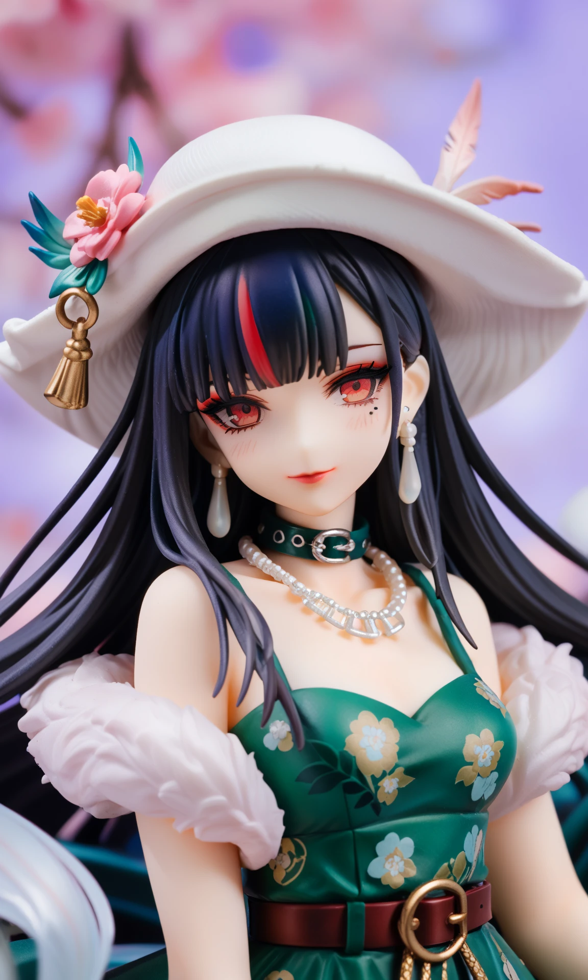 1girl,sumire \(flower of fantasy\) \(path to nowhere\),sumire \(path to nowhere\),path to nowhere,aegyo sal,belt collar,black hair,blunt bangs,collar,dress,earrings,eyeliner,falling petals,feather boa,floating earring,flower,flower earrings,frilled dress,frills,hat,hat flower,head tilt,jewelry,light blush,looking at viewer,makeup,mole,mole under eye,multicolored hair,neck flower,official alternate costume,petals,pink flower,pink petals,portrait,red eyes,red lips,single bare shoulder,single sidelock,smile,solo,straight-on,streaked hair,white hat,purple background,pearl necklace,green dress,black eyeliner,parted bang,collarbone,long hair,cherry blossom print,floral print,, , score_9,score_8_up,score_7_up,source_anime,photo background,the real background,