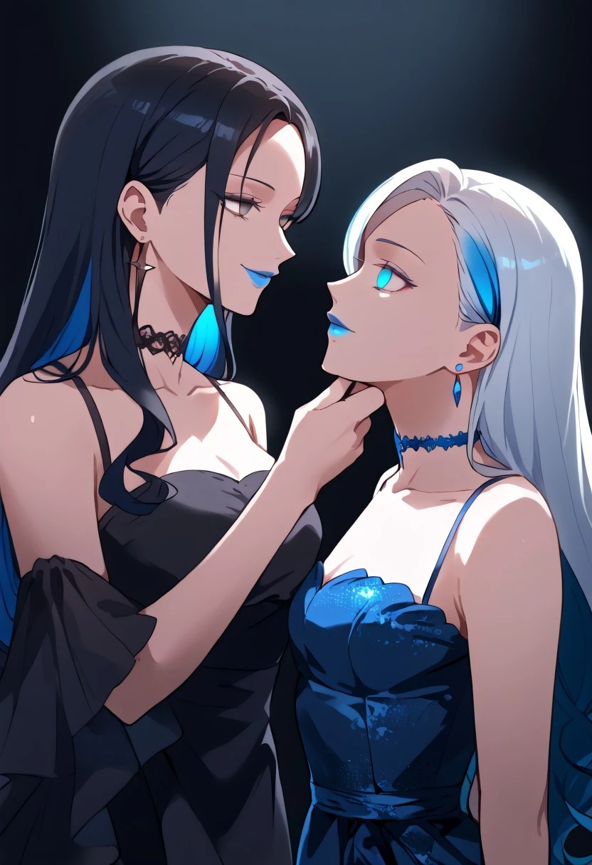 anime, two girls, adult, empty eyes, hypnotized, blank expression, expressionless, chin grab, handfixer, staring at another, looking into eyes, long hair, hair highlights, choker, sexy smile, fancy dress, lipstick, blue lipstick, glossy lips, ear ring, glowing ear ring