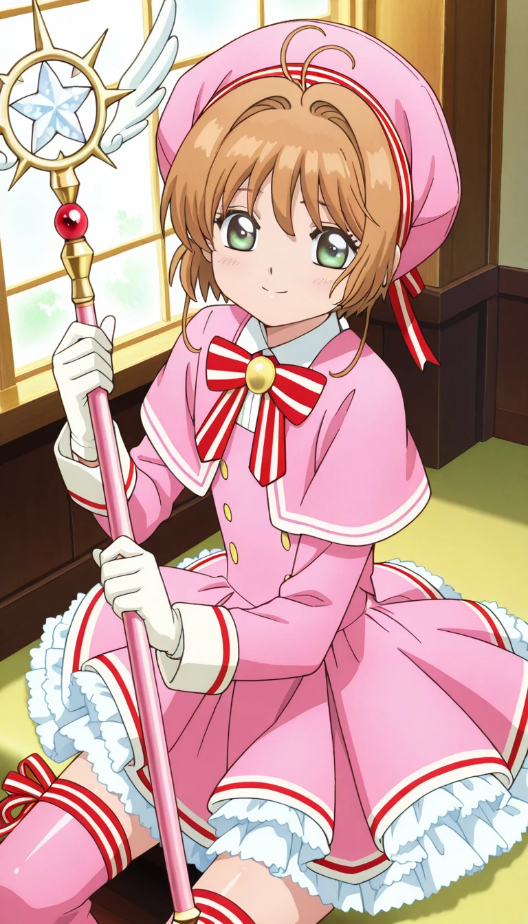 (masterpiece),best quality,amazing quality,very aesthetic,absurdres,newest,perfect body,shiny skin,perfect eyes,detail1eye,well-defined fingers,well-defined fingernails,anime style,official style,indoors,1girl,solo,upper body,(portrait:1.5),looking at viewer,facing viewer,smile,blush,magical girl,Kinomoto Sakura,beret,pink headwear,hat ribbon,striped ribbon,antenna hair,brown hair,short hair,hair intakes,sidelocks,short hair with long locks,hair between eyes,bangs,green eyes,Kinomoto Sakura Magic uniform,pink capelet,brooch,red bowtie,striped bowtie,neck ribbon,red ribbon,pink dress,short dress,frilled dress,long sleeves,white gloves,holding staff,single thigh ribbon,zettai ryouiki,pink thighhighs,thigh boots,pink footwear,<lora:Kinomoto Sakura(cs-cc)-Illus:2>,