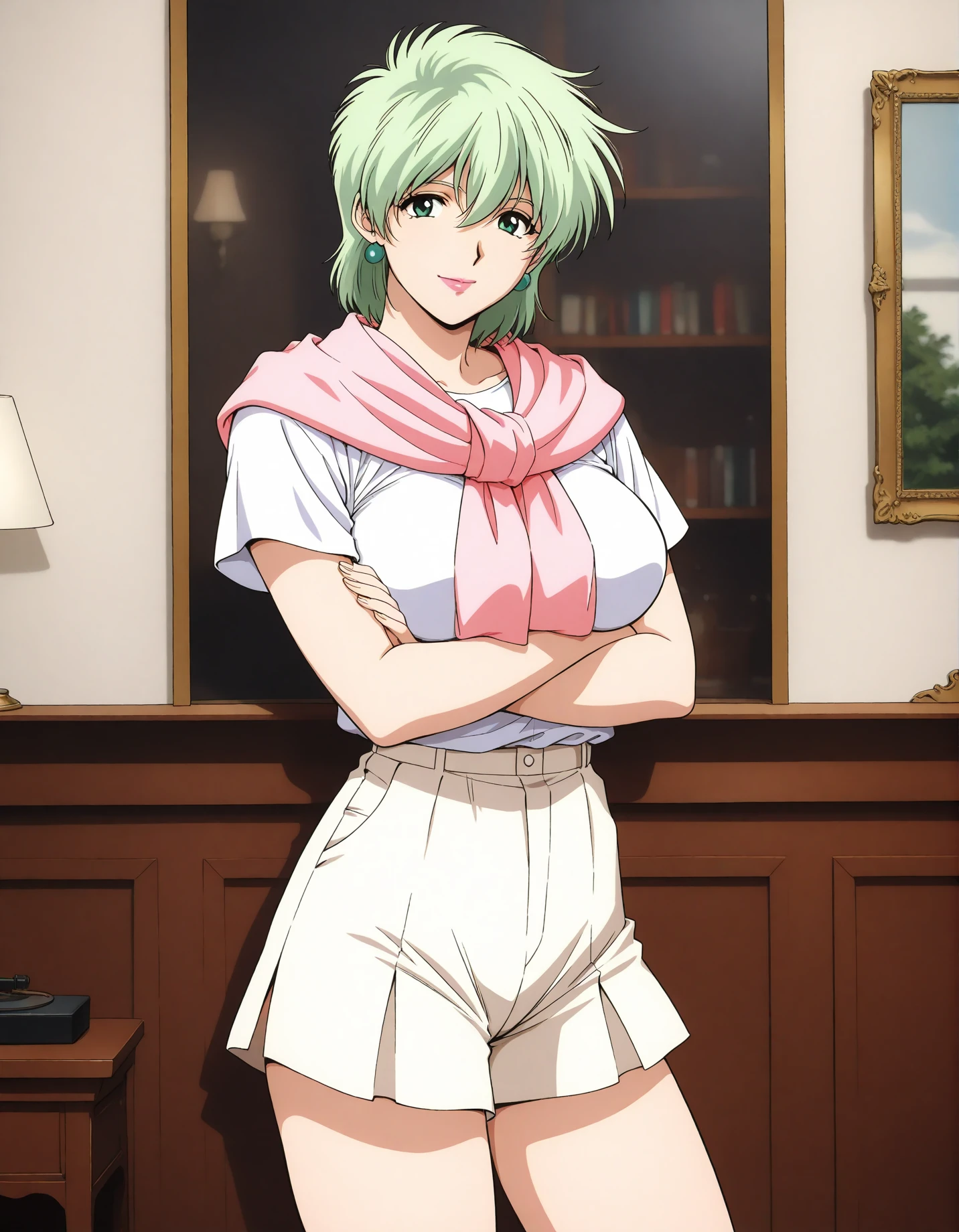 masterpiece, best quality, good quality, 1girl,solo,cowboy shot,standing,looking at viewer,(1990s \(style\):0.2), antique room,
<lora:aina_sahalim_v2.01:1>,ainasahalim,green hair,green eyes,short hair,lips,lipstick,large breasts,(smile:0.5),closed mouth,white shirt,beige culottes,bare thigh,cardigan wrapped around the neck,crossed arms,