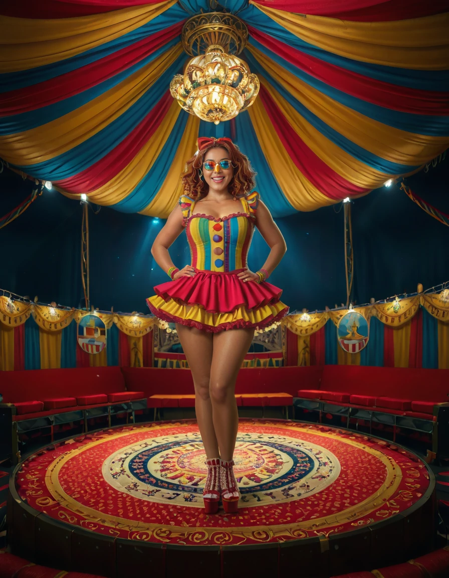 a beautiful woman, perfect body, 30 years old, wearing clown clothes, clown costume, a bit funny, full body shot, inside a room, (best quality,4k,8k,highres,masterpiece:1.2),ultra-detailed,(realistic,photorealistic,photo-realistic:1.37),HDR,UHD,studio lighting,ultra-fine painting,sharp focus,physically-based rendering,extreme detail description,professional,vivid colors,bokeh,portrait