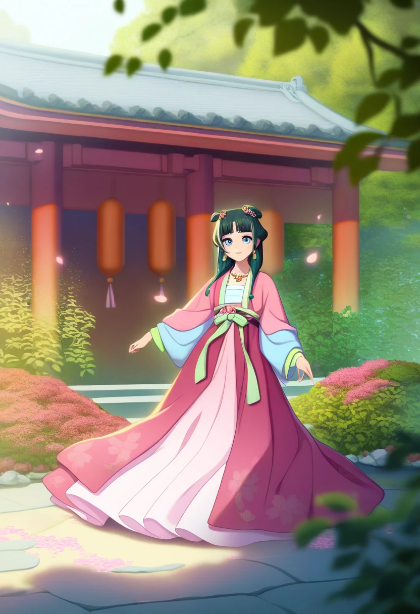 best quality, amazing quality, very aesthetic, absurdres,
1girl, maohanfu, green hair, bangs, long hair, blue eyes, hair ornament, makeup,
chinese clothes, pink dress, earrings, hanfu, wide long sleeves, necklace,
smile, looking at viewer, solo, outdoors, festival, sunray, sakura, sakura petals, flowing pink sakura petals, japanese temple, spring, japanese decoration, leaf, ivy, rock, nature, plant, extremely detailed environnement, hanabi flower, distant (excessive plant), green plant everywhere, loaded, mystical, red glowing flower, depth of field, game cg, <lora:MaoMaoNoobXL_byKonan:1>