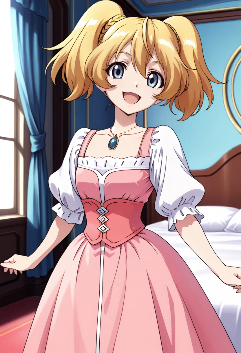 masterpiece, best quality, 1girl, solo, <lora:ill_silvia:1>, cross_silvia, cowboy shot, short body, pink dress, puffy short sleeves, pink skirt, corset, collarbone, pendant, blonde hair, twin tails, blue eyes, looking at viewer, smile, open mouth, royal bedroom