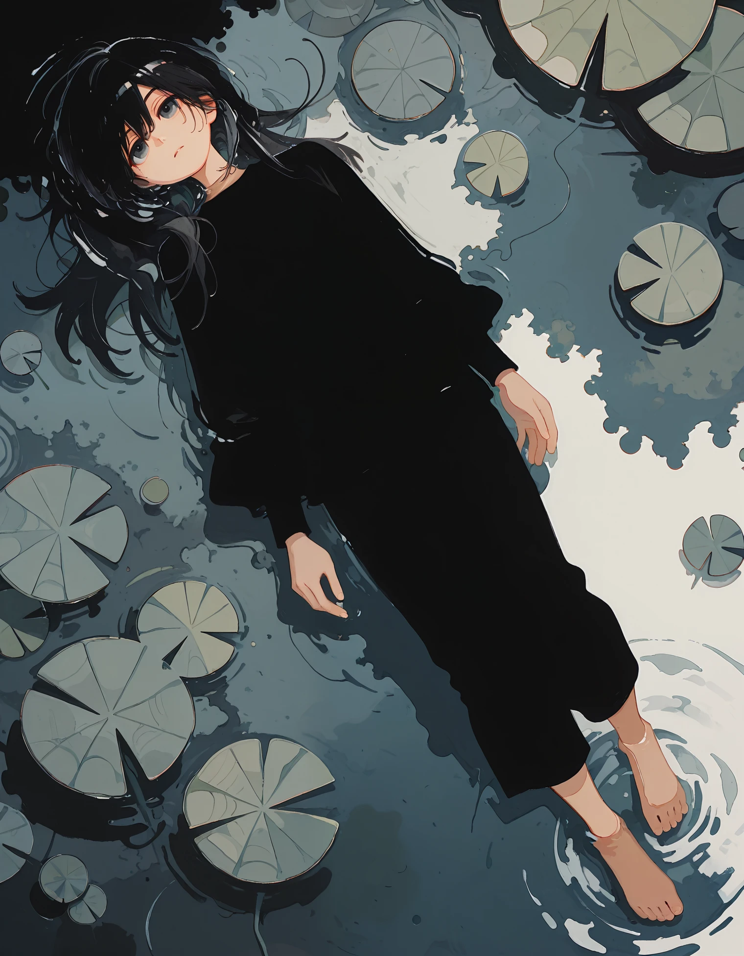 intricate details,masterpiece, very aesthetic, absurdres,newest,abstract, watercolor, traditional media, scan, (blending:1.5),painting \(medium\), <lora:ka_marukogedago:1>, k4_illu, barefoot, solo, 1girl, black hair, water, long sleeves, lily pad, lying, partially submerged, from above