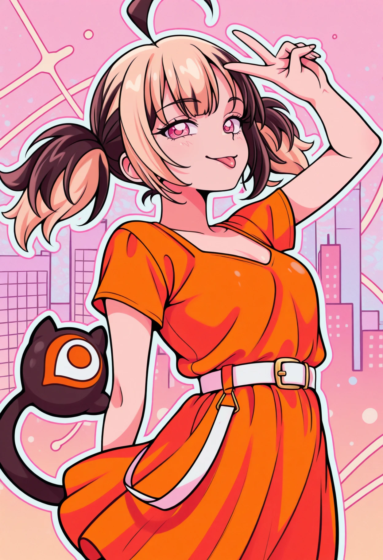 masterpiece, best quality, 1girl, solo, Gigi, pink eyes, multicolored hair, short twintails, ahoge, tail, orange dress, white belt, casual, short sleeves, v sign, v, smile, tongue out, pastel colors, pink theme, 80's theme, city pop, colorful, thick outline, vector graphics, abstract background, <lora:ChamGigiMurinIllustriousXL:1>