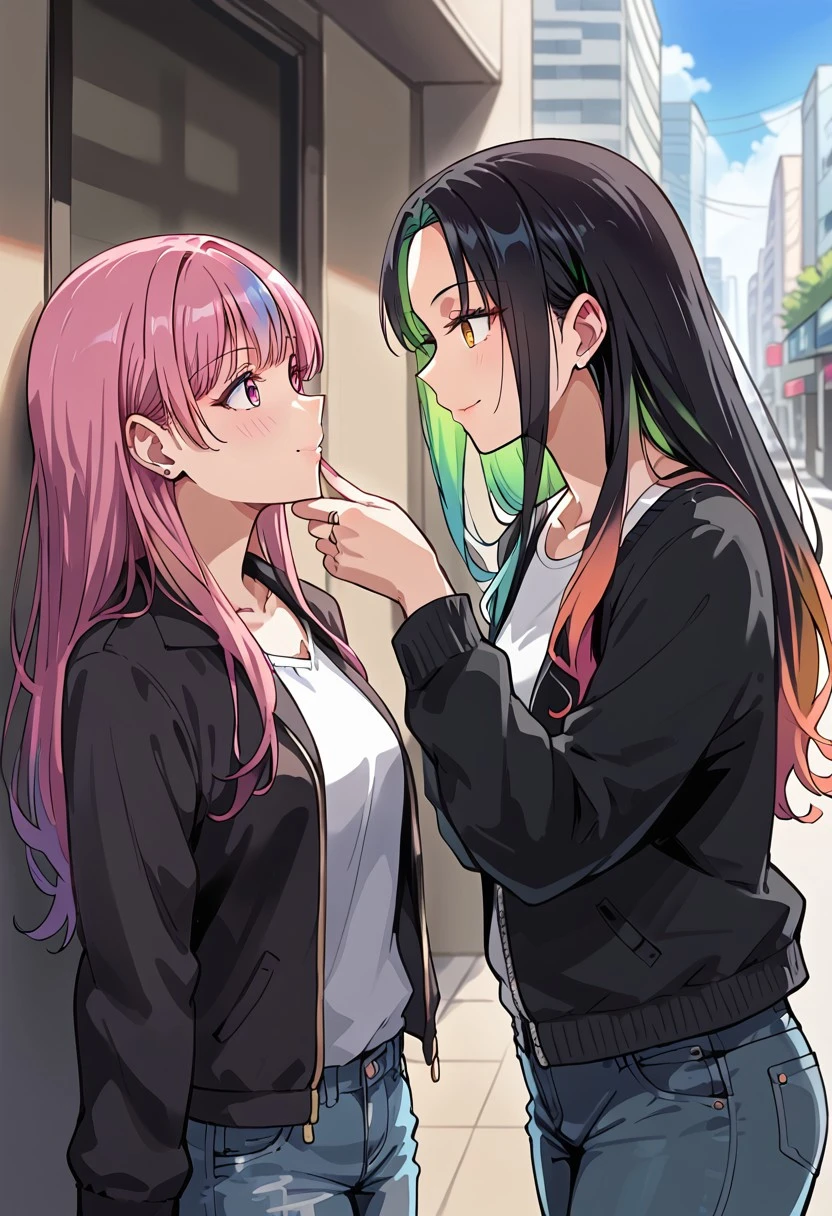 anime, 2girls, adult, chin grab, long hair, colorful hair, casual clothes, intricate clothing
