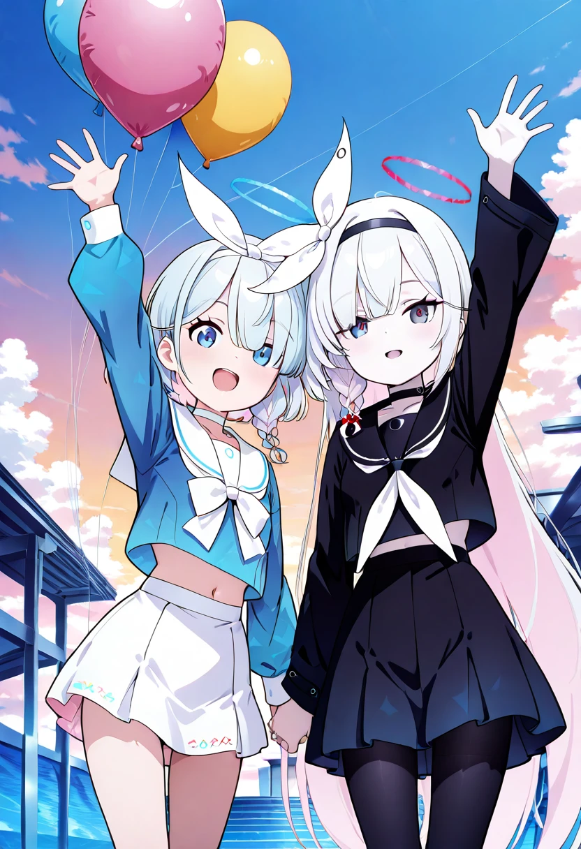 masterpiece, best quality, eyelashes, (beautiful eyes), long hair, looking at viewer, smile, short hair, open mouth, bangs, blue eyes, multiple girls, skirt, ribbon, navel, 2girls, zzPlana,school uniform, blue hair, hair ribbon, pink hair, braid, white hair, :d, pantyhose, hairband, outdoors, sky, serafuku, choker, midriff, cloud, sailor collar, hair over one eye, arm up, single braid, holding hands, halo, white skirt, side braid, black serafuku, waving, balloon, zzArona , <lora:PlanaArona_IXL:1.0>,