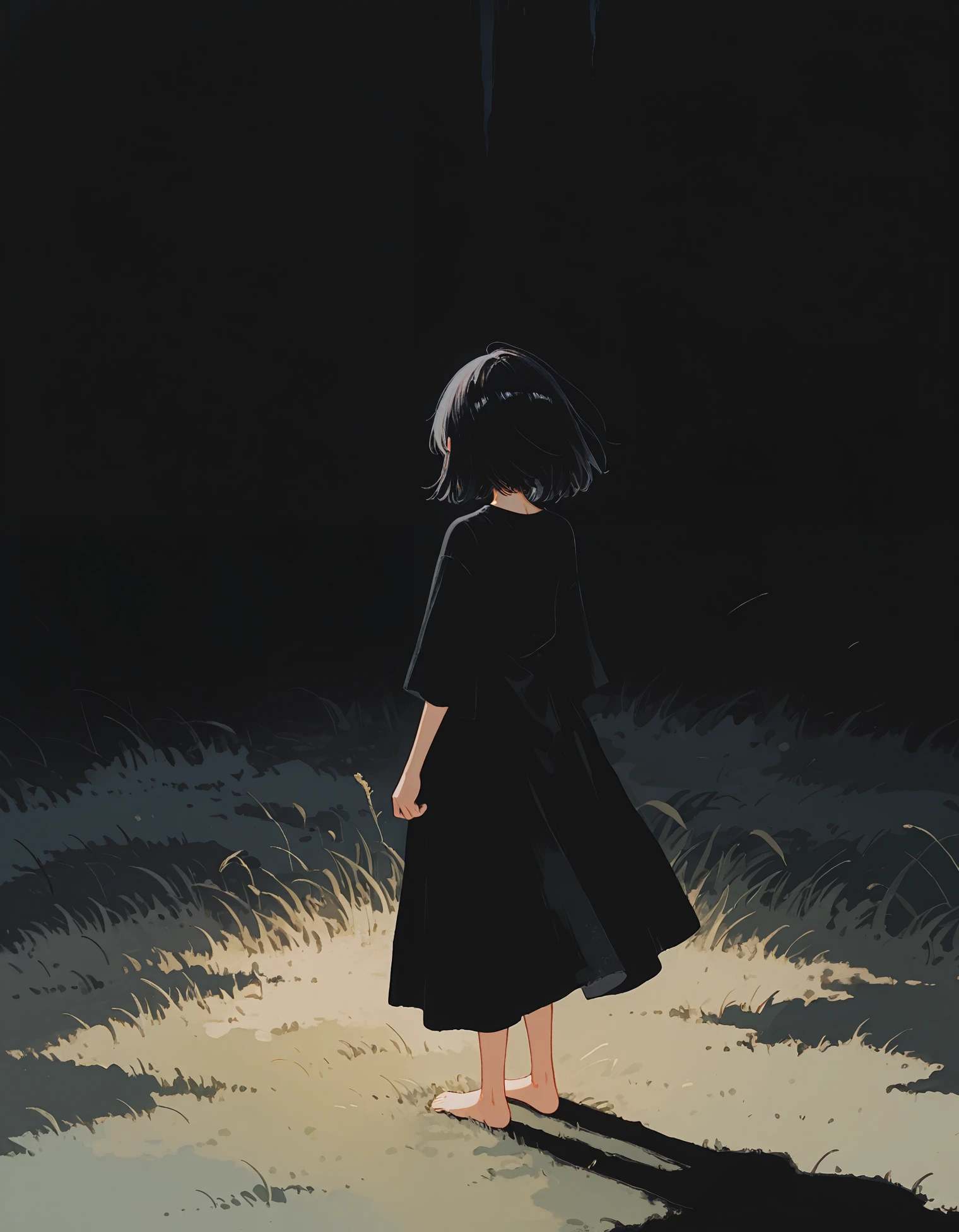 intricate details,masterpiece, very aesthetic, absurdres,newest,abstract, watercolor, traditional media, scan, blending,painting \(medium\), <lora:ka_marukogedago:1>, k4_illu,1girl, solo, looking away, black hair, short hair, barefoot, shadow, grass, nature, outdoors, dark atmosphere, mysterious, back view, loose dress, black dress, floating, minimal background, textured background
