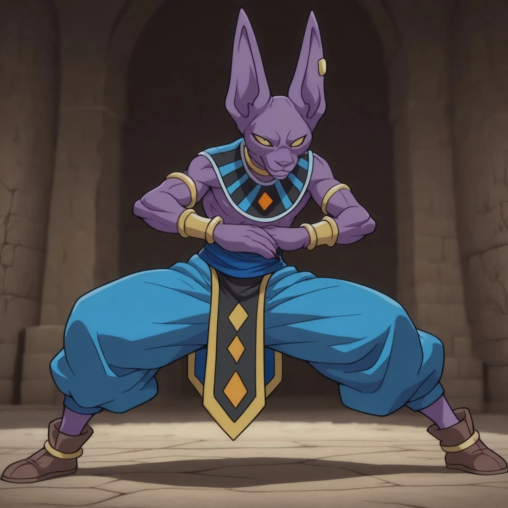 masterpiece, best quality, amazing quality,dbbeerusil, anthro, male, feline, purple skin, yellow eyes, egyptian clothes, blue pants, brown footwear, jewelry, neck ring, armlet, bracer, bracelet, earring, fighting stance