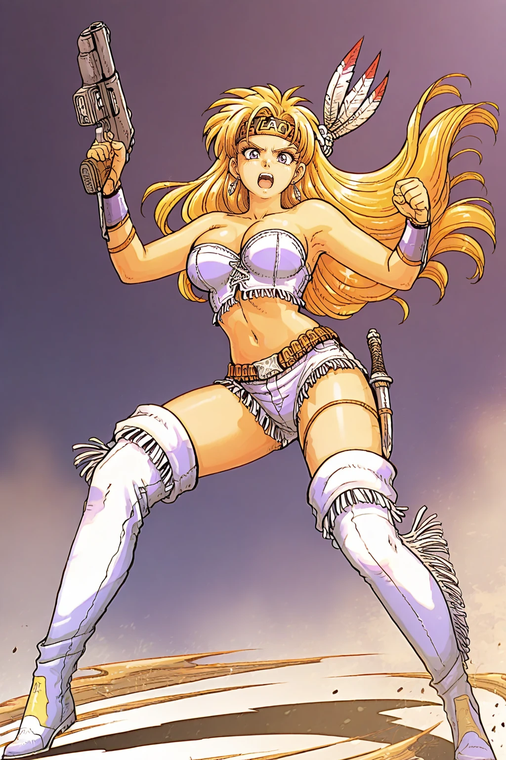 anime waifu bodybuilder, cute face, debatalho face, extremely detailed eyes, knight character, green eyes, perfect body, fit body, looking at the sword, character holding a sword with both hands, abdomen, large breasts, muscular, (((hair) long and blonde), sarashi white chest, sarashi, underboob, breasts bandages, arm bandages (insanely detailed, beautiful detailed face, masterpiece, best quality), (looking disgusted), konosuba, character A2, (white and torn bandages on the arms and legs), image taken from above, camera away, image focusing on the sword, high quality, white light clothes, sweat splattering, character on guard with sword, knight pose, sword with sharp blade with brightness