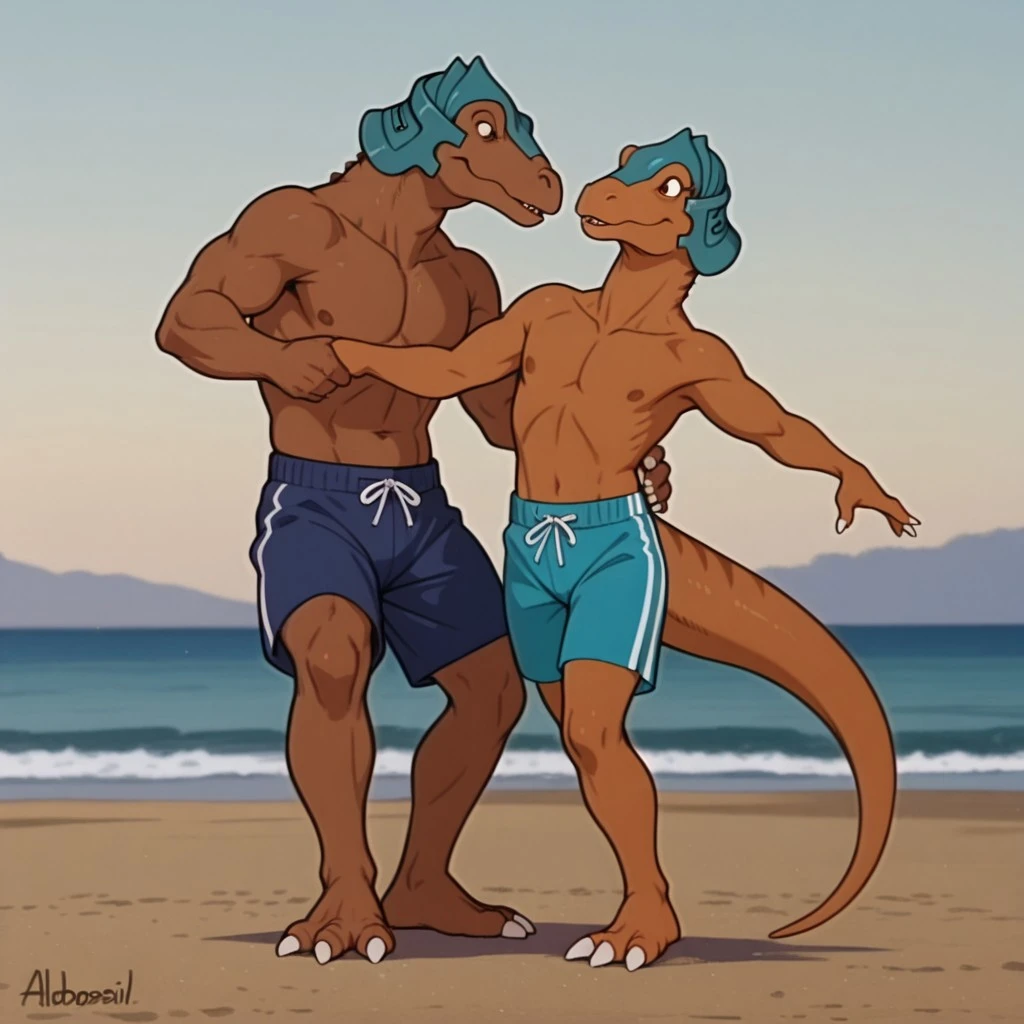 Solo, pectorals, outdoors, underwear, bulge, standing, topless, thighhighs, closed mouth, gloves, multicolored fur, raptor, snout, gradient background, underwear, smile, grey background, white shirt, from side, 1boy, cleavage, beach, nipples, raptor tail,