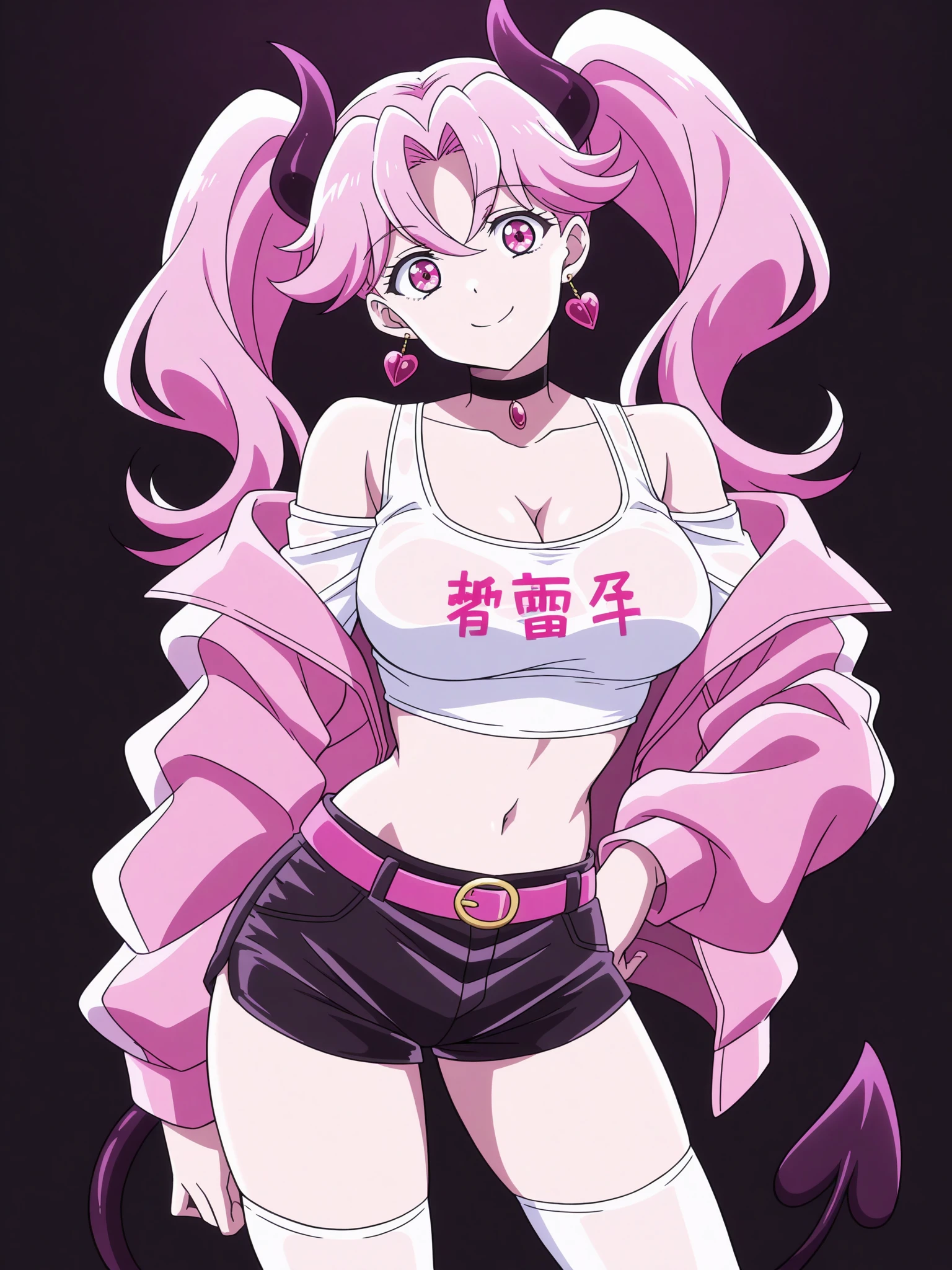 1girl, solo, breasts, tail, pink_hair, horns, demon_tail, shorts, jacket, twintails, large_breasts, smile, looking_at_viewer, long_hair, navel, choker, black_background, pink_eyes, short_shorts, belt, demon_girl, pink_jacket, demon_horns, simple_background, tank_top, open_jacket, cleavage, black_shorts, open_clothes, thighhighs, off_shoulder, bare_shoulders, closed_mouth, head_tilt, hair_between_eyes, cowboy_shot, jewelry, micro_shorts, collarbone, black_choker, white_thighhighs, crop_top, bangs, earrings, clothes_writing, shirt, midriff, standing, see-through, contrapposto, long_sleeves,
<lora:Jojo_Stardust_Crusaders_Illustrious_SD8:1>