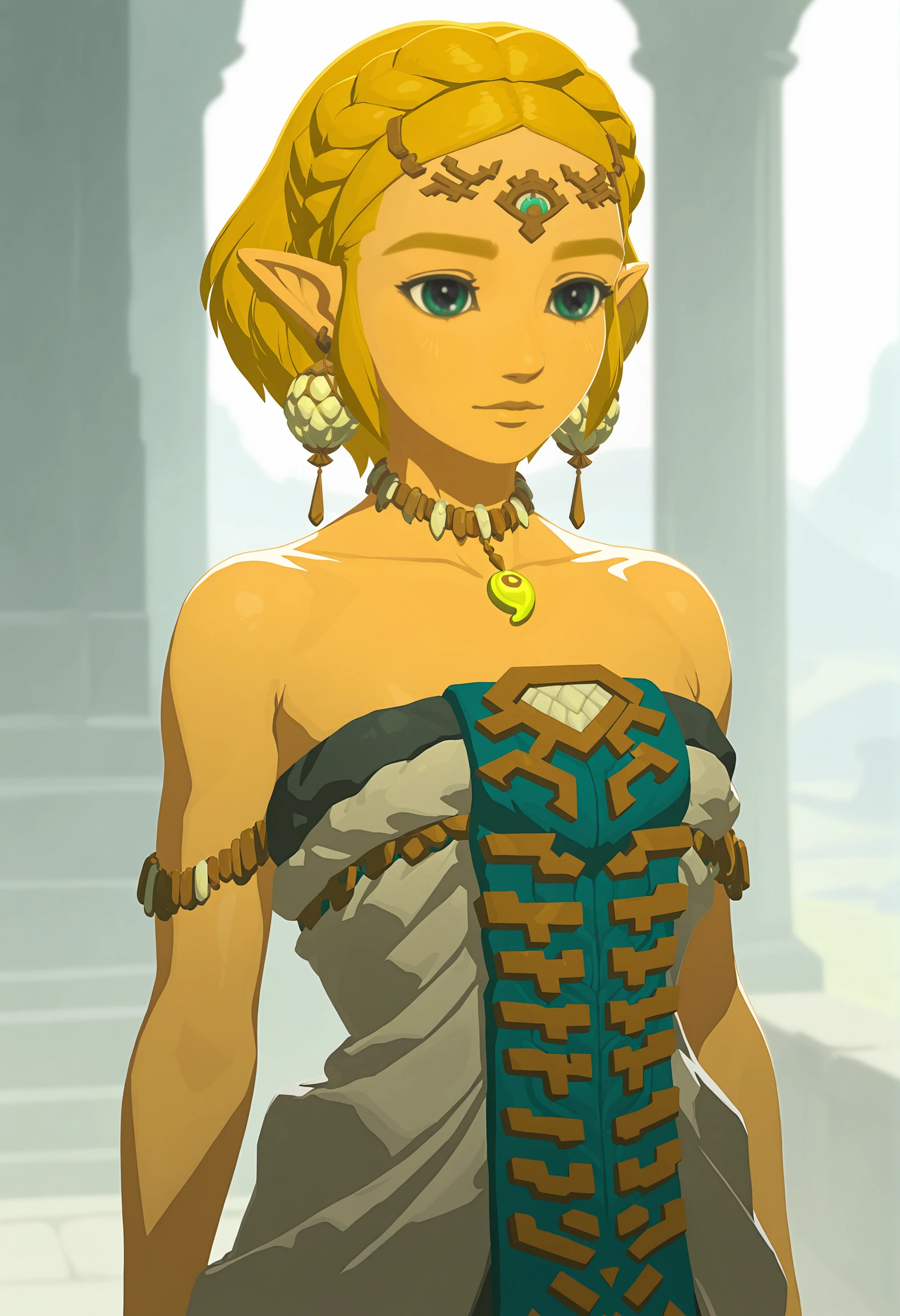 amazing quality,very aesthetic,absurdres,best quality,newest,masterpiece,4k resolution, absurdres, highres, detailed background,
<lora:Princess_Zelda_ILXL:0.8> 1girl, princess zelda, blonde hair, pointy ears, totk, short hair, forehead jewel ,magatama necklace, earrings, bare shoulders, white dress, solo