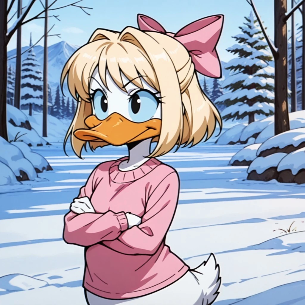 masterpiece, best quality, amazing quality, ShirleyttaIl, semi-anthro, female, duck, blonde hair, blue sclera, black eyes, white feathers, pink bow, pink shirt, standing, outside, winter, snow, crossed arms, freezing