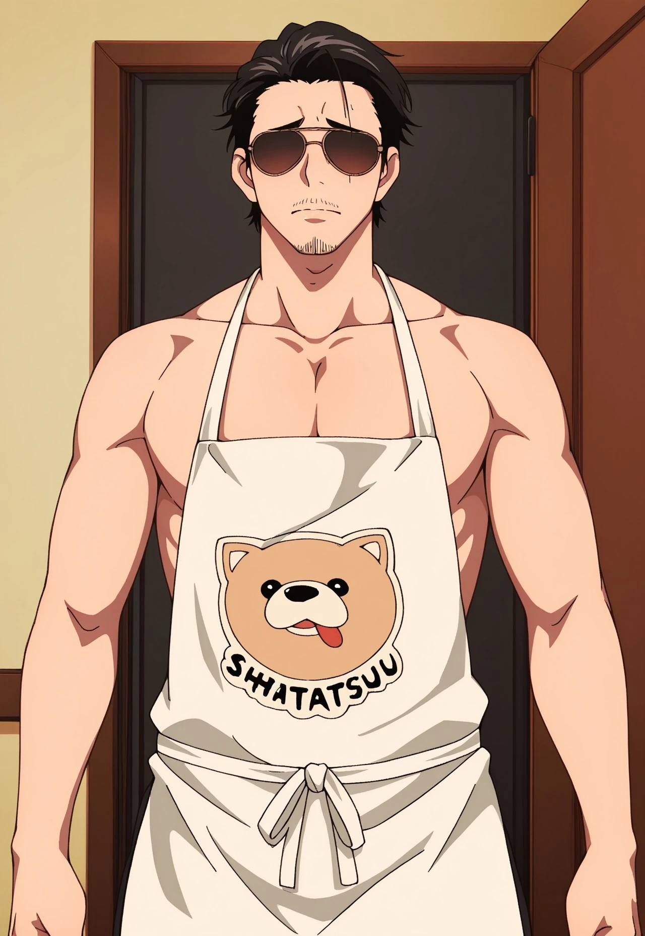 safe_pos, source_anime, rating_nsfw, ultra hd, absurdres, solo, masterpiece, best quality, best aesthetic, 1boy, male focus,
HHTatsu, black hair, facial hair, stubble, sunglasses, apron with dog logo, no shirt, revealing