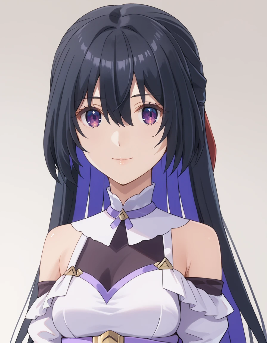 solo, 1girl, looking at viewer, 2D, anime, anime coloring, upper body, (simple background, solid white background:1.3), <lora:noire-choujigenneptune:0.8>, noire (neptunia), bare shoulders, smile