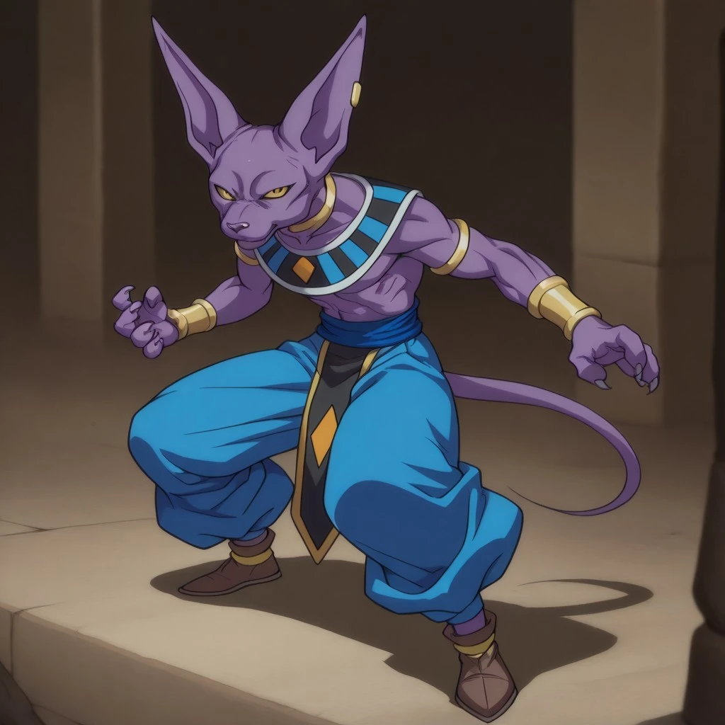 masterpiece, best quality, amazing quality,dbbeerusil, anthro, male, feline, purple skin, yellow eyes, egyptian clothes, blue pants, brown footwear, jewelry, neck ring, armlet, bracer, bracelet, earring, fighting stance