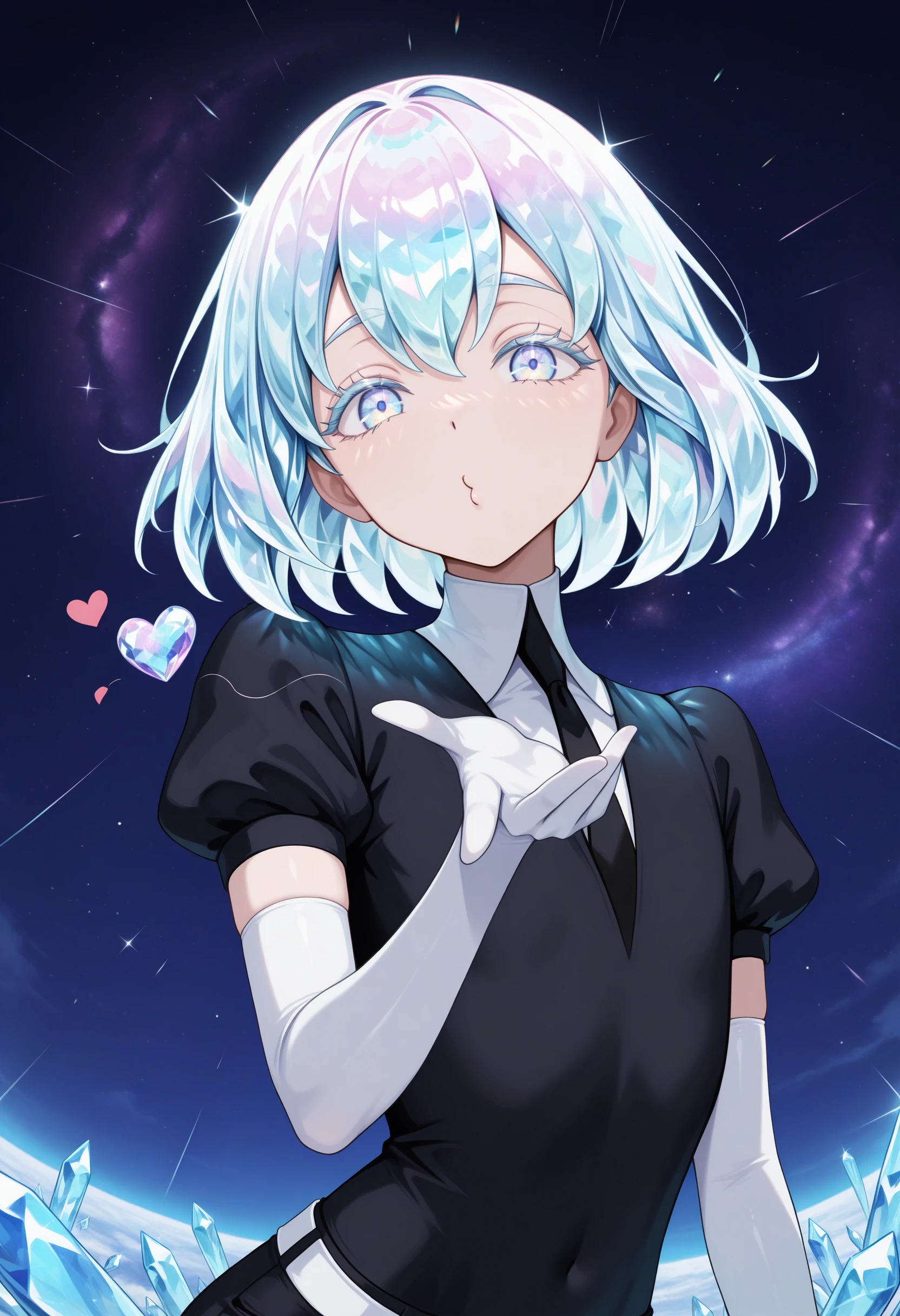 masterpiece, best quality, newest, absurdres, highres, 1girl, blowing kiss, heart, puckered lips, o3o, <lora:FrierenBlowingKissMeme_illusXLNoobAI_Incrs_v1-000010:1>, upper body, <lora:Hoseki_LandOfTheLustrous_Diamond_IllustriousXL_v1_973550:1>, d1am0nd, white skin, crystal hair, colored eyelashes, multicolored eyes, multicolored hair, short hair, hair between eyes, black shirt, puffy short sleeves, white collared shirt, black necktie, elbow gloves, white gloves, black shorts, white belt, looking at viewer, galaxy, shiny,