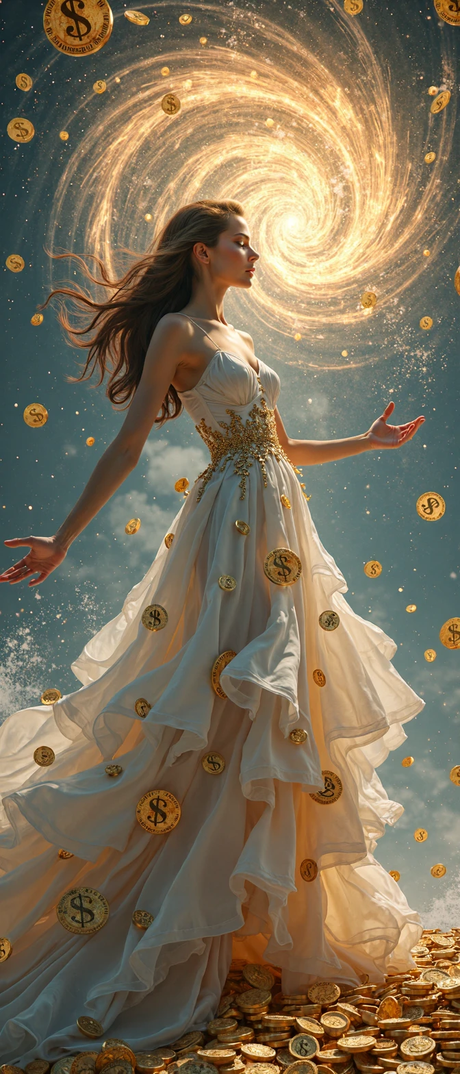 ultra-realistic surrealistic image, combining elements of business management theme of the leader, stunning fantasy dress and image of a woman, combined with a banking theme.
In the center of the image is a beautiful sophisticated woman in full growth, expressed as the director of a large banking organization or a business princess. She seems to personify financial stability, monetary investments, and her entire composite image is a multifaceted monetary and credit energy. This energy of finance smoothly passes into the hem of a unique dress, being an expressed work of designer unusual art from famous couturiers. A vortex of world currency signs is swirling above the head of this leader and mistress of financial energies. The entire composition is voluminous and large-scale.
The queen of finance radiates confidence and at the same time her image beyond the bounds of imaginable beauty attracts the imagination.
In the background, the best investment values and precious timeless bullion float as if by magic around the mistress of billion-dollar investments, and the head of the financial world herself gracefully and smoothly makes passes with her hands in the air above her. There is also a "snow" of gold and platinum coins in the background, and endless possibilities are visible along the edges of the image. The amount of detail, detailing and photorealism are amazing. This image is a masterpiece.