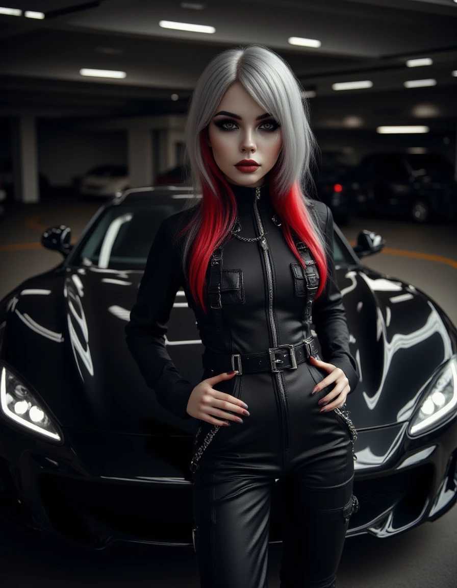 A gothic girl with silver hair and bright red highlights, dressed in a modern black jumpsuit with chains and buckles. She leans against a sleek sports car in a dimly lit parking garage, her hands resting confidently on her hips. The car's sharp lines reflect her dark and stylish energy. correct hands, five fingers per hand.
<lora:Gothic_Girls_Flux_V2-000004:1>