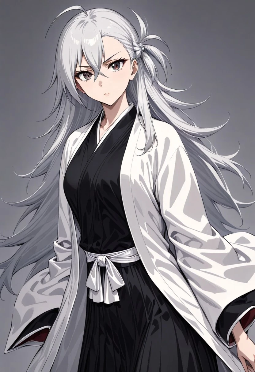 ((masterpiece, best quality, high resolution)) 1girl, mature girl, solo, olga marie animusphere, (looking at viewer, cowboy shot, standing:1), expresión neutral, full body, defined body and face, perfect lighting, long hair, hair with highlights, braid, ahoge, hair between eyes, white hair, gray hair, Skin taichou (bleach), solo, black Shinigami clothes, black kimono, taichou haori, white haori, dutch angle (4k), intricate, hyper detailed, high resolution,