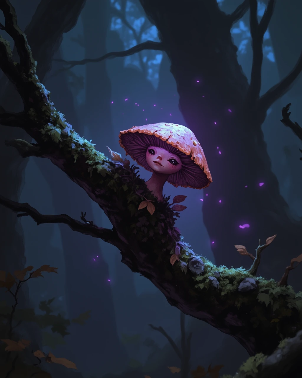 wc1dnd_style, in the style of cksc, Digital painting, a minuscule mushroom-like creature with a rounded cap glowing faintly purple, its tiny tendrils curled around a mossy branch. The soft light of a glowing fungus nearby illuminates its simple, curious face, and faint motes of dust dance in the air around it.
<lora:Flux.Digital_Painting_DnD:1> <lora:ck-shadow-circuit-000021:0.4>