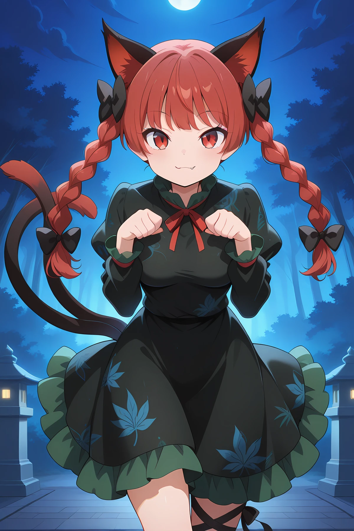 NSFW, solo, kemono, female, orange hair, yellow eyes, wear black hoodie, wear black skirt, wear red bow tie, wear black panties, wear black glasses, no smile, serious, confused, blushes, open mouth, tail, look at tentacles, red tentacles, tentacles around, lot of tentacles, tentacles locked body, standing, forest background, tall tree, night time, high details