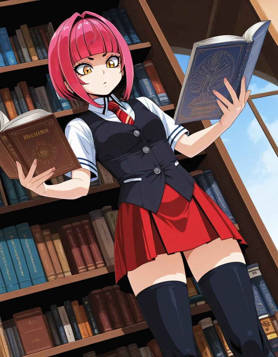 a girl in a library, dutch angle, standing, reading a book, bowl_cut, pink hair, blunt bangs, yellow eyes, short hair,
bible black cosplay, school uniform, white shirt, black vest, black thighhighs, red skirt, red necktie
<lora:benantoka_style_illustrious_v1:1.2>