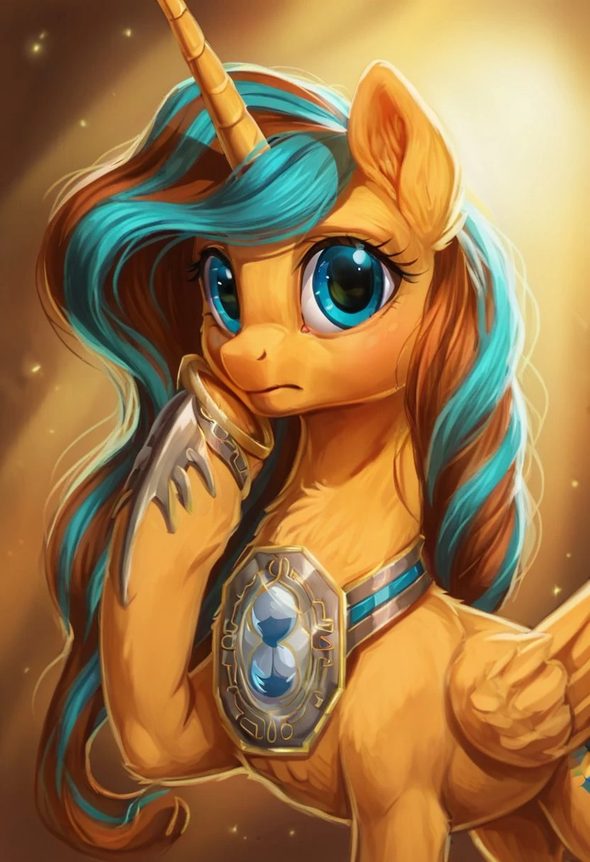 , score_9, score_8_up, score_7_up, score_6_up, score_5_up, score_4_up, rating_safe, ,<lora:Princess_Tempora:1> princess Tempora, an alicorn, yellow-gold colored body, long, flowing mane and tail, the mane is a mix of turquoise/blue and burnt orange, with the orange being dominant on the tail and lower parts of the mane, eyes are bright blue, a notable detail is the mechanical gray wing-like structure attached to its side, with a small hourglass symbol visible on the side ((cute, little, fuzzy pony, fur)), (high quality, detailed, beautiful), shiny, adorable face, detailed beautiful eyes, diadema, sunlight, realistic, outstanding, countershading, detailed soft lighting, ear fluff, hoof on face, cinematic vintage photography