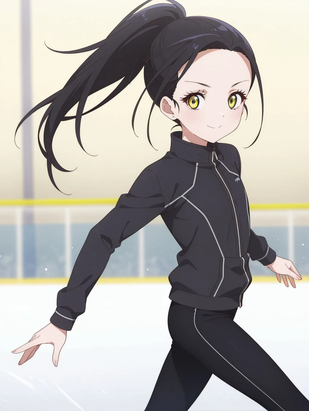 masterpiece, best quality, newest, absurdres, highres, detailed eyes, beautiful, detailed background, perfect eyes, anime coloring,1girl, solo, kamisaki hikaru, long hair, black hair, ponytail, yellow eyes, flat chest, black jacket, high collar, long sleeves, black pants, ice skates, ice skating, looking at viewer, (straigh-on, close up:1.2), serious, smile, (simple background, blurry background, motion blur:1.2), <lora:hikaru_mdlst_illus:0.8>