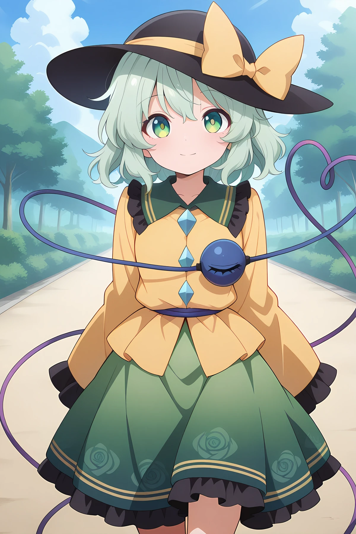 absurdres, highres, masterpiece, best quality, amazing quality, official anime artwork, screencap, anime screencap, outdoors, looking at viewer, light smile,
<lora:Komeiji-Koishi_illustrious:1> komeiji koishi, 1girl, solo, third eye, eyeball, heart of string, green hair, green eyes,, yellow shirt, black hat, frilled sleeves, frilled shirt collar, wide sleeves, hat bow, green skirt, yellow bow, hat ribbon, diamond button, yellow ribbon,