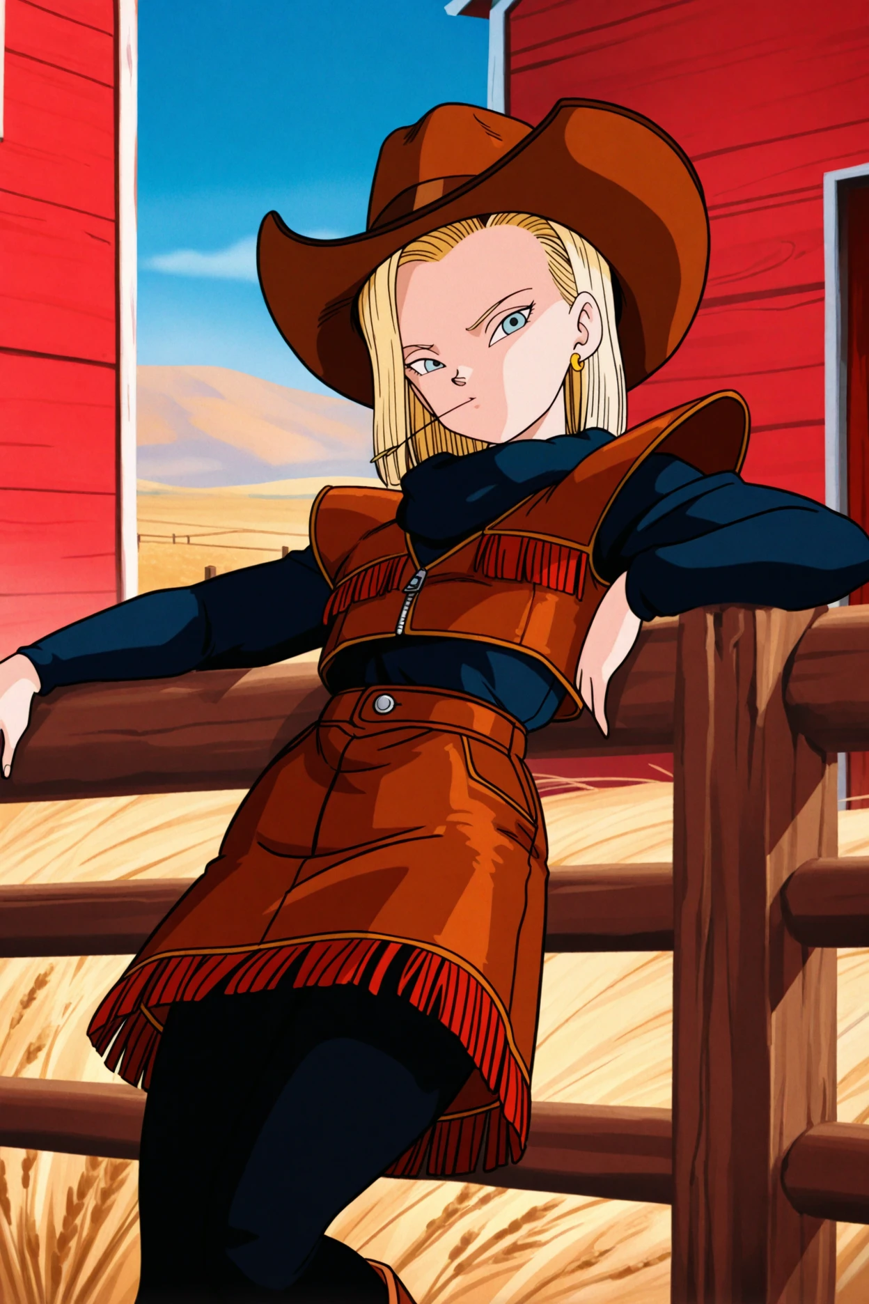 masterpiece,best quality,a18, leold style,1girl, solo, blonde hair, light blue eyes, farm, cowboy hat, stalk in mouth, brown leather vest, zipper, skirt fringe, zipper pull tab, shoulder pads, brown leather skirt, yellow earrings, brown fringe trim, long sleeves, black leggings, dark blue shirt,sky, wooden railing, grass,field, wheat bundle,wheat in mouth,leaning back, arm rest,red barn <lora:Android18IllusV2:1>