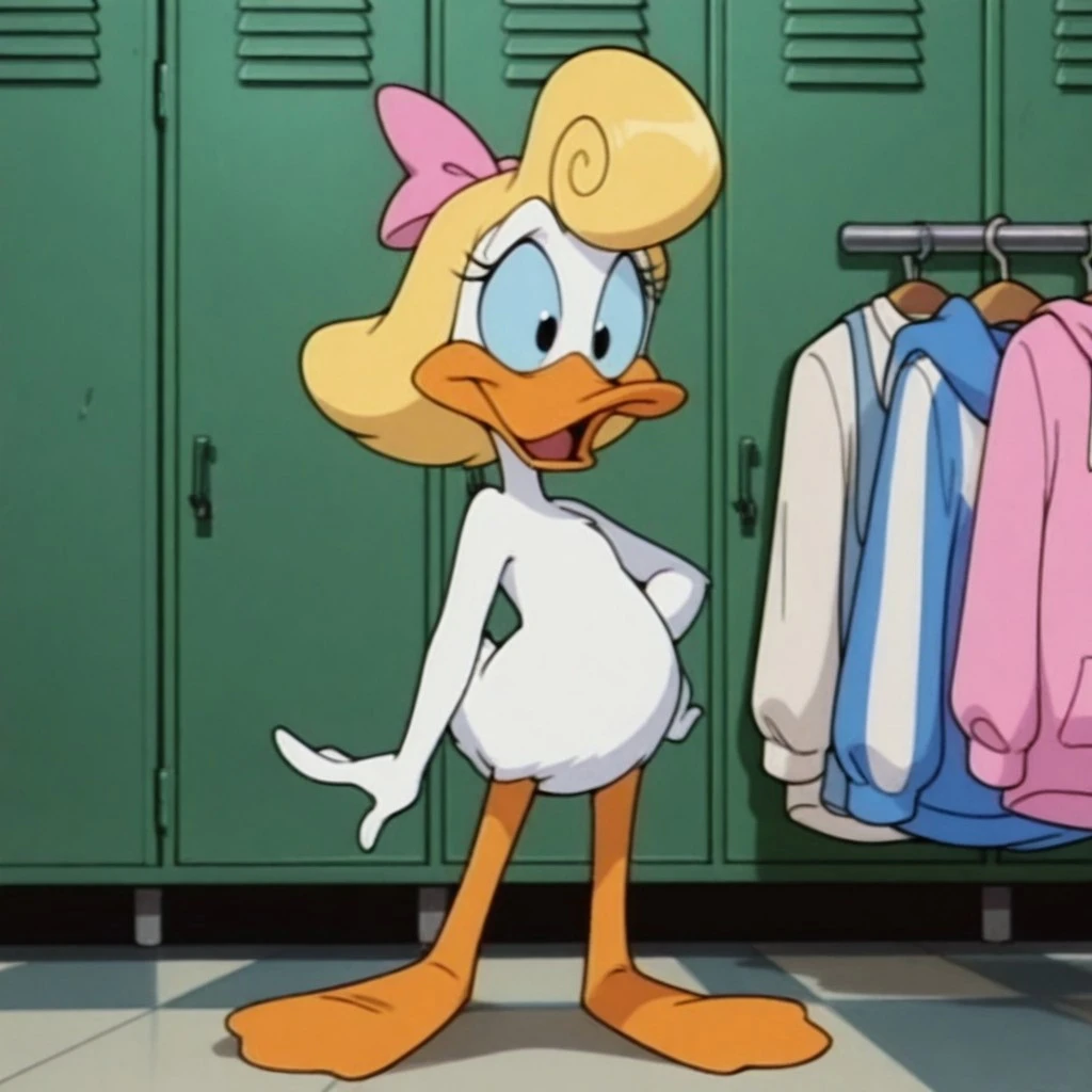 masterpiece, best quality, amazing quality, ShirleyttaIl, semi-anthro, female, duck, blonde hair, blue sclera, black eyes, white feathers, pink bow, locker room