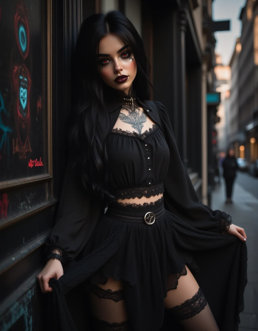 close-up, goth girl, red eyes, tattoo, long black hair, medium breast, loose crop top, skirt, the wind lifted my skirt, black lace briefs, legs spread, black torn leggings, outdoors, in city, outside nightclub, leaning against black wall graffiti, round elastic butt,
<lora:Gothic_Girls_Flux_V2-000003:1>