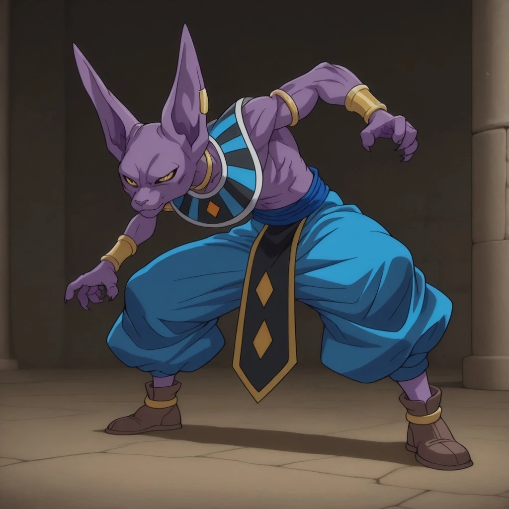 masterpiece, best quality, amazing quality,dbbeerusil, anthro, male, feline, purple skin, yellow eyes, egyptian clothes, blue pants, brown footwear, jewelry, neck ring, armlet, bracer, bracelet, earring, fighting stance