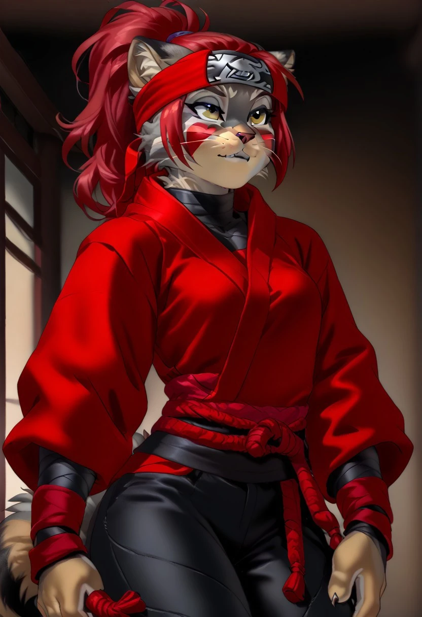 score_9, score_8_up, score_7_up, (by jailbird:1.5), (by kittydee:1.5), (by zummeng:1.5), masterpiece, best quality, (solo),
(Furry Art: anthro: Pallas's Cat:1.5), expressive eyes, feminine eyes, <lora:beautiful_detailed_eyes:1>, perfect face, cat. feline, (grey fur), light brown fur, black zigzag lines on the cheek, round cat ears, (red hair:1.5), (ponytail hair), (blunt bangs), small breasts, (ninja topwear:1.5), (ninja pants:1.5), (ninja headband),