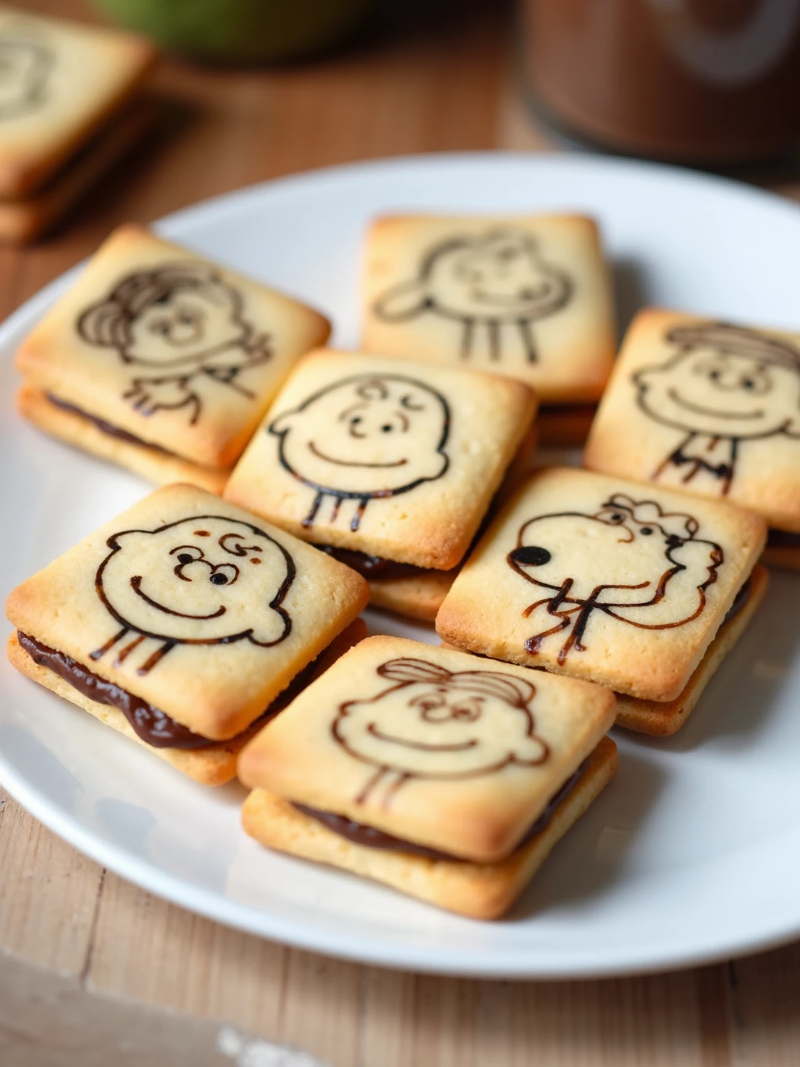 biscoito passatempo The image shows a white plate with six squared sandwich cookies on it. The cookies are arranged in a row and appear to be freshly baked. Each cookie has a peanuts character face drawn on it in black ink. The design features a Charlie Brown character with a smile on its face. Snoppy face is drawn in a detailed, manga-like style and the other there is Peanuts face. The background of the image is blurred, but it appears to be a kitchen countertop. Chocolate fill