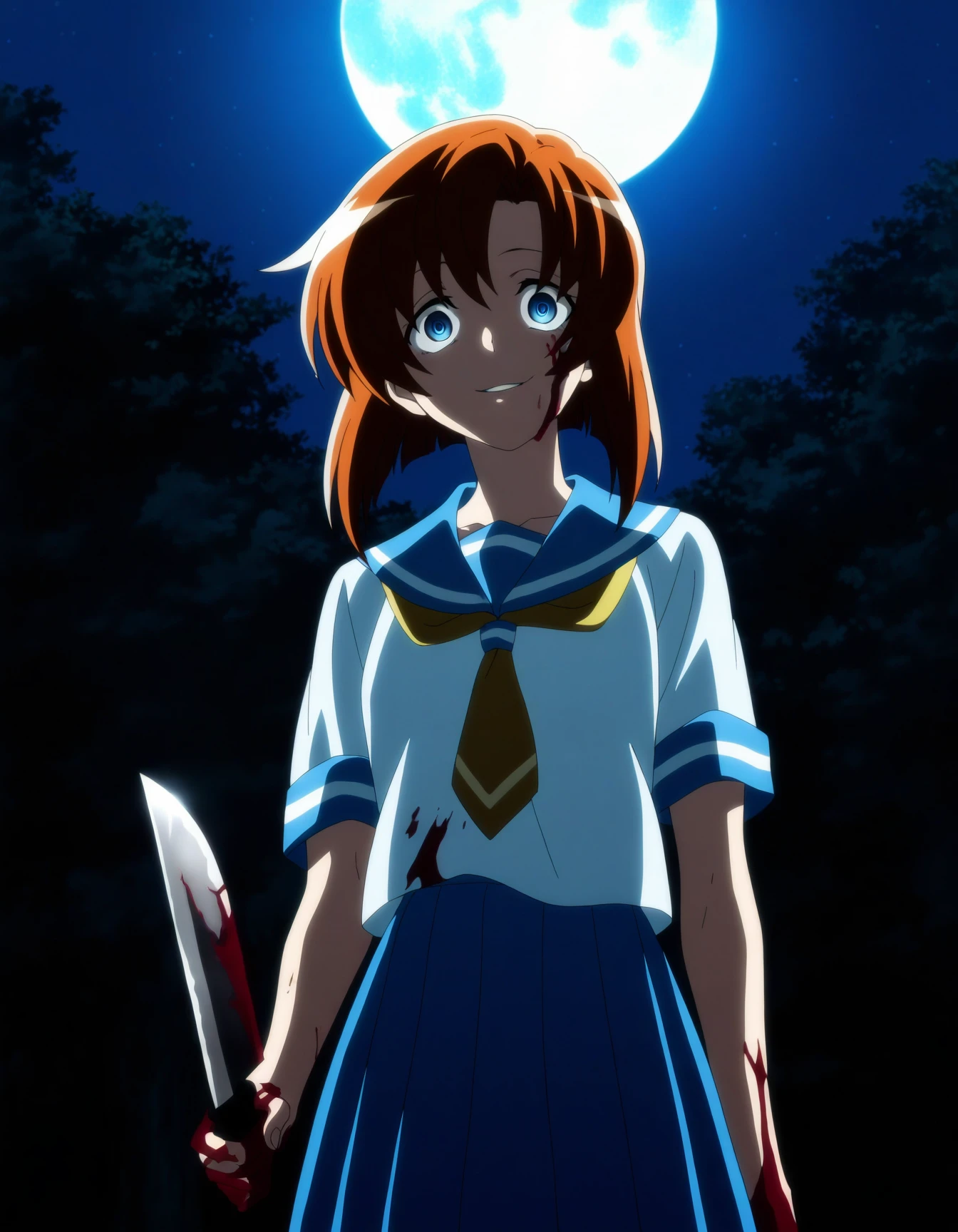 masterpiece, best quality, absurdres, highres, cinematic light, 1girl <lora:anime_screencap-IL v-pred:1> anime screencap, anime coloring, ryuuguu rena, serafuku, school, school uniform, short hair, holding knife, blood on face, blood on clothes, blood on hands, evil smile, parted lips, crazy eyes, looking down, forest, night, moon, horror \(theme\)