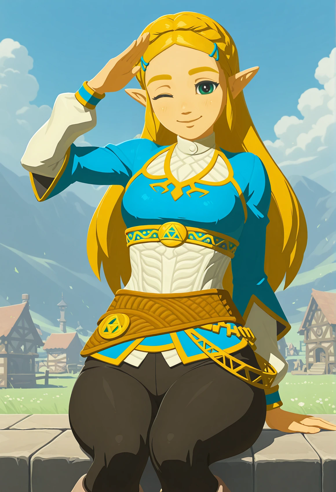 amazing quality,very aesthetic,absurdres,best quality,newest,masterpiece,4k resolution, absurdres, highres, detailed background,
<lora:Princess_Zelda_ILXL:0.8> 1girl, princess zelda, blonde hair, pointy ears, botw, long hair, hair ornament, blue shirt, black legwear, (thick thighs:0.6), smile, happy, looking at viewer, zora,village, salute, one eye closed, face focus, upper body,