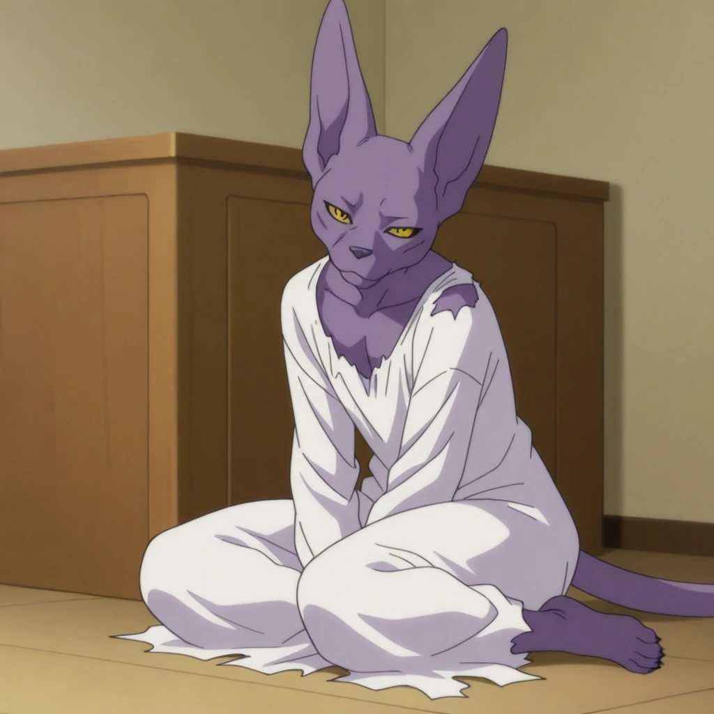 masterpiece, best quality, amazing quality,dbbeerusil, anthro, male, feline, purple skin, yellow eyes, masterpiece, best quality, amazing quality,dbbeerusil, anthro, male, feline, purple skin, yellow eyes, inside, torn clothes, white night gown, sitting on floor, solo, 1boy