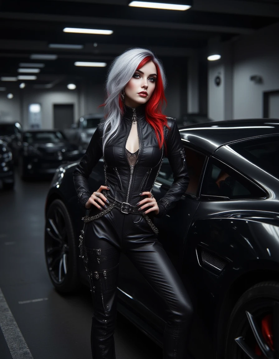 A gothic girl with silver hair and bright red highlights, dressed in a modern black jumpsuit with chains and buckles. She leans against a sleek sports car in a dimly lit parking garage, her hands resting confidently on her hips. The car's sharp lines reflect her dark and stylish energy. correct hands, five fingers per hand.
<lora:Gothic_Girls_Flux_V2:1>