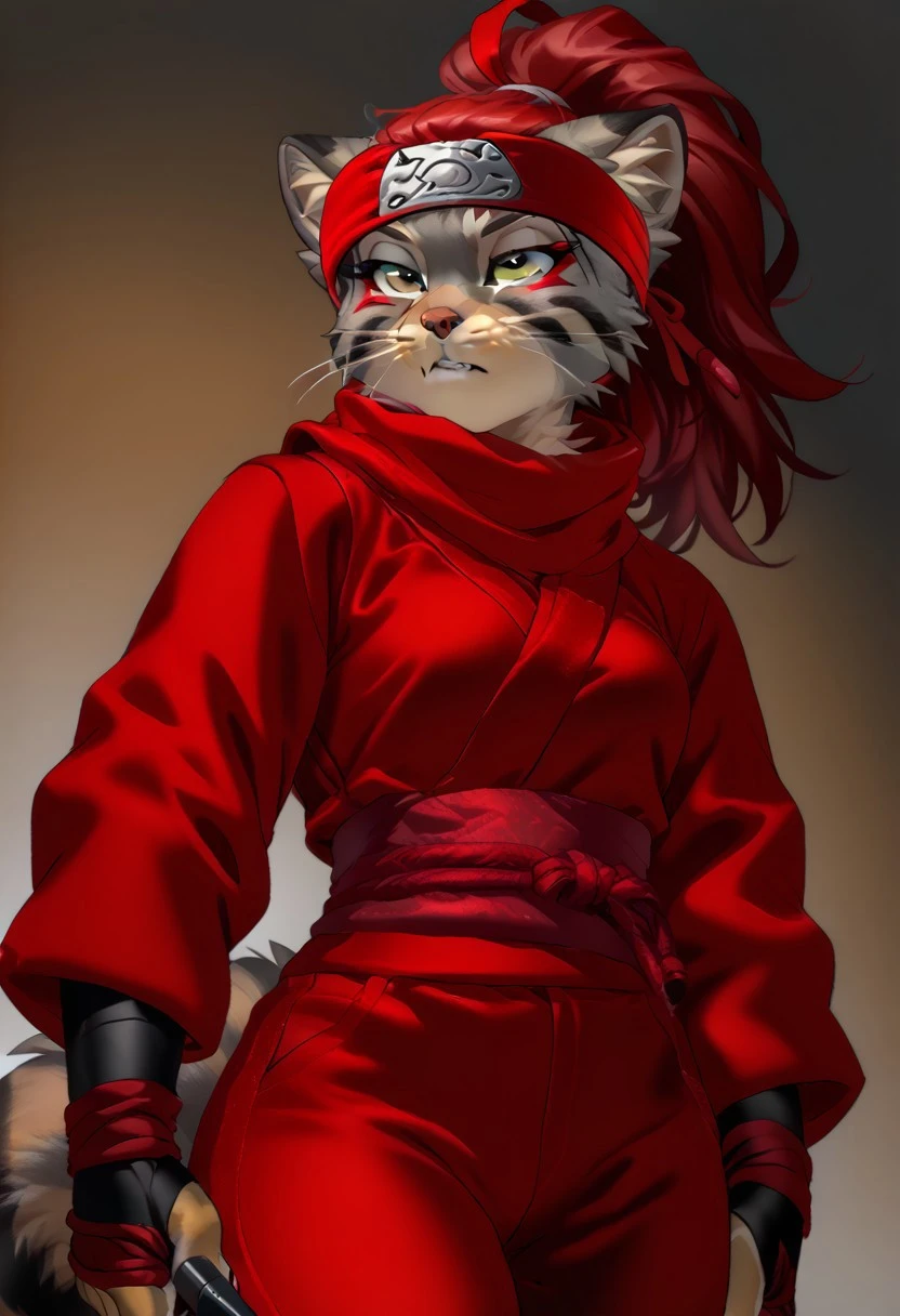 score_9, score_8_up, score_7_up, (by jailbird:1.5), (by kittydee:1.5), (by zummeng:1.5), masterpiece, best quality, (solo),
(Furry Art: anthro: Pallas's Cat:1.5), expressive eyes, feminine eyes, <lora:beautiful_detailed_eyes:1>, perfect face, cat. feline, (grey fur), light brown fur, black zigzag lines on the cheek, round cat ears, (red hair:1.5), (ponytail hair), (blunt bangs), small breasts, (ninja topwear:1.5), (ninja pants:1.5), (ninja headband),