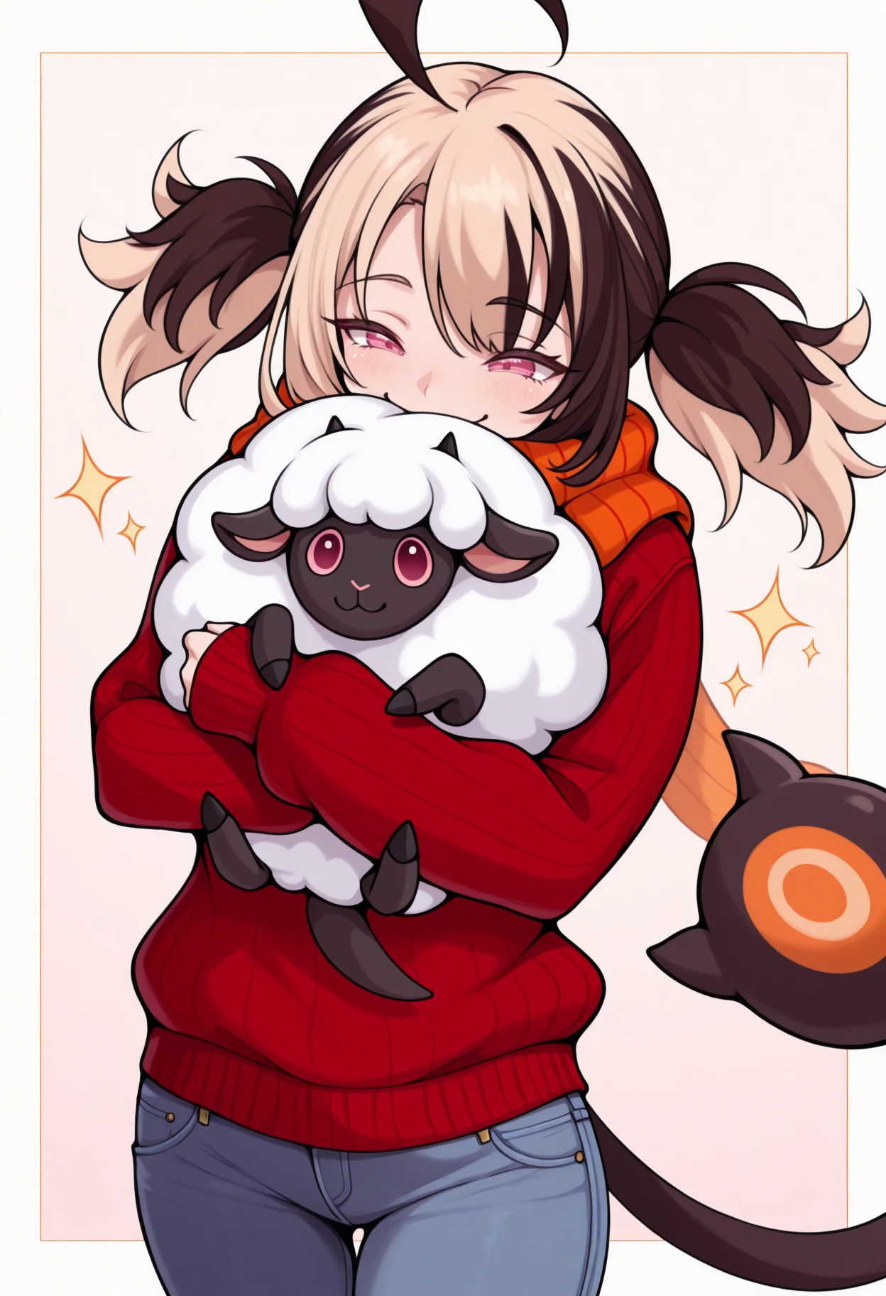 masterpiece, best quality, 1girl, solo, Gigi, pink eyes, multicolored hair, short twintails, ahoge, tail, scarf, sweater, jeans, sparkles, big smile, wholesome, hugging, hug, hugging sheep, sheep, <lora:ChamGigiMurinIllustriousXL:1>