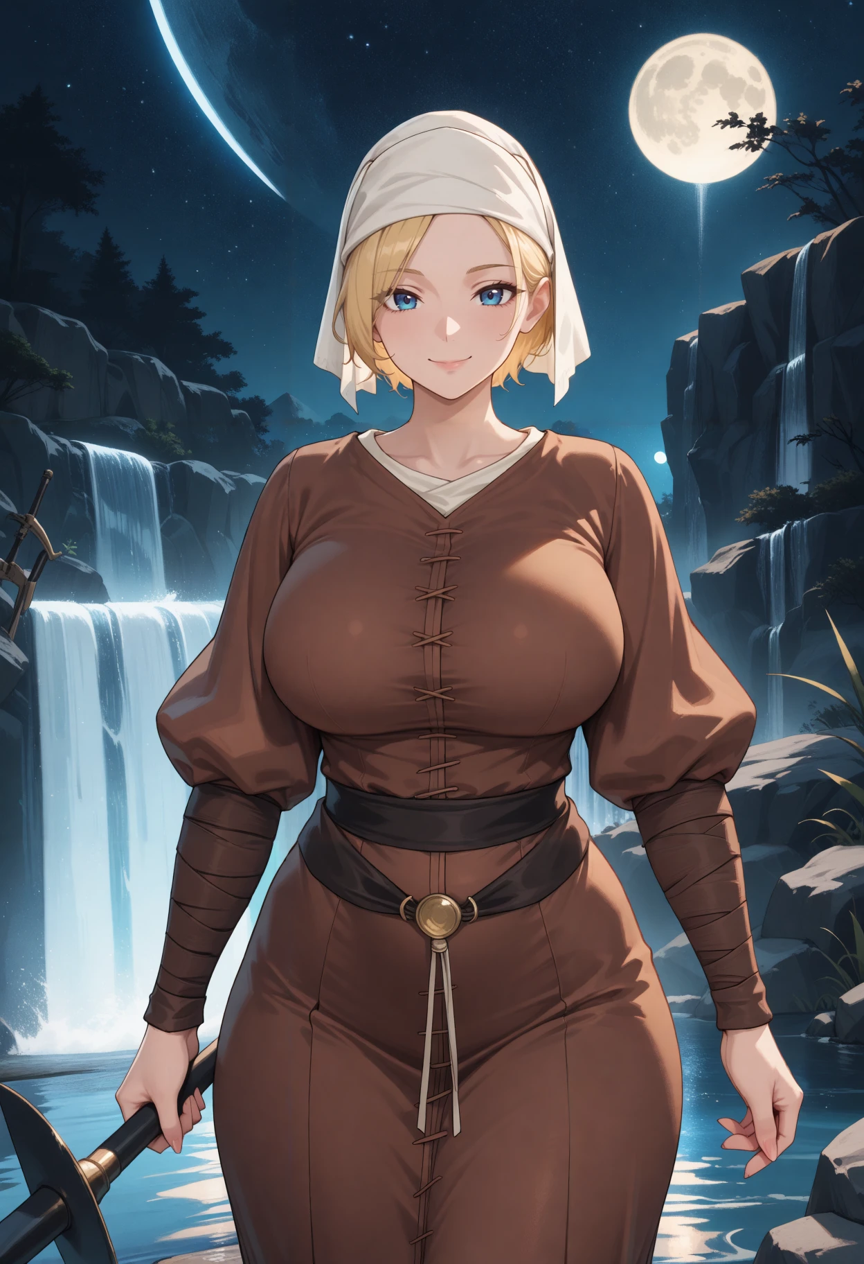 masterpiece, best quality, newest, hdr, waterfall, moon, moonlight, star \(sky\), starry sky, outdoors, closed mouth, looking at viewer, smile, mature female, curvy, white head scarf, blonde hair, short hair, puffy sleeves, long sleeves, brown arm wrap, blue eyes, brown dress, sash, holding weapon, cowboy shot,
<lora:Milibeth:0.7>