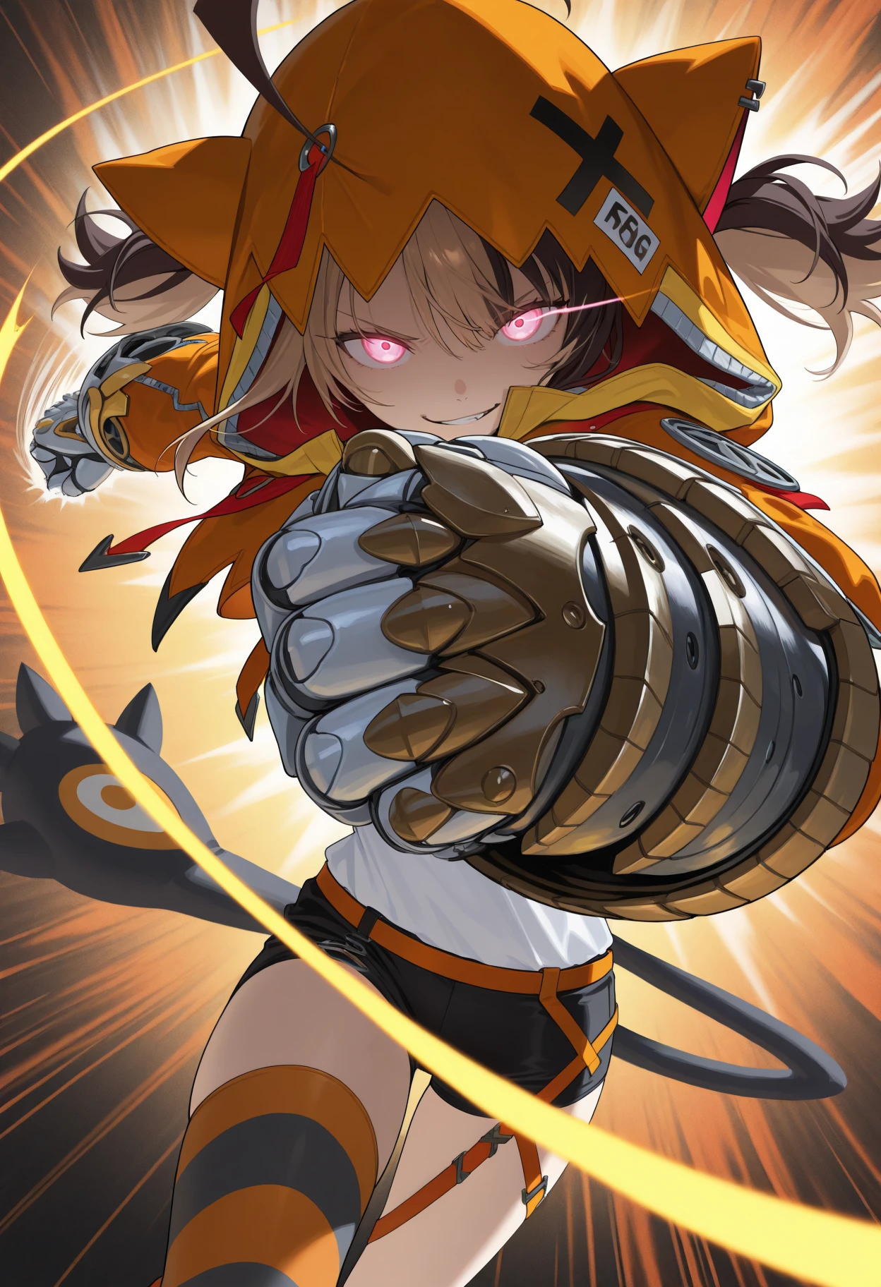 masterpiece, best quality, 1girl, solo, GigiBase, pink eyes, multicolored hair, short twintails, ahoge, animal hood, hood up, orange jacket, cropped jacket, white shirt, mechanical gauntlets, orange belt, black shorts, single thighhigh, striped thighhigh, tail, incoming punch, foreshortening, oversized gauntlets, smirk, glowing eyes, motion lines, eye trail, light trail, action pose, dutch angle, abstract background, <lora:ChamGigiMurinIllustriousXL:1>