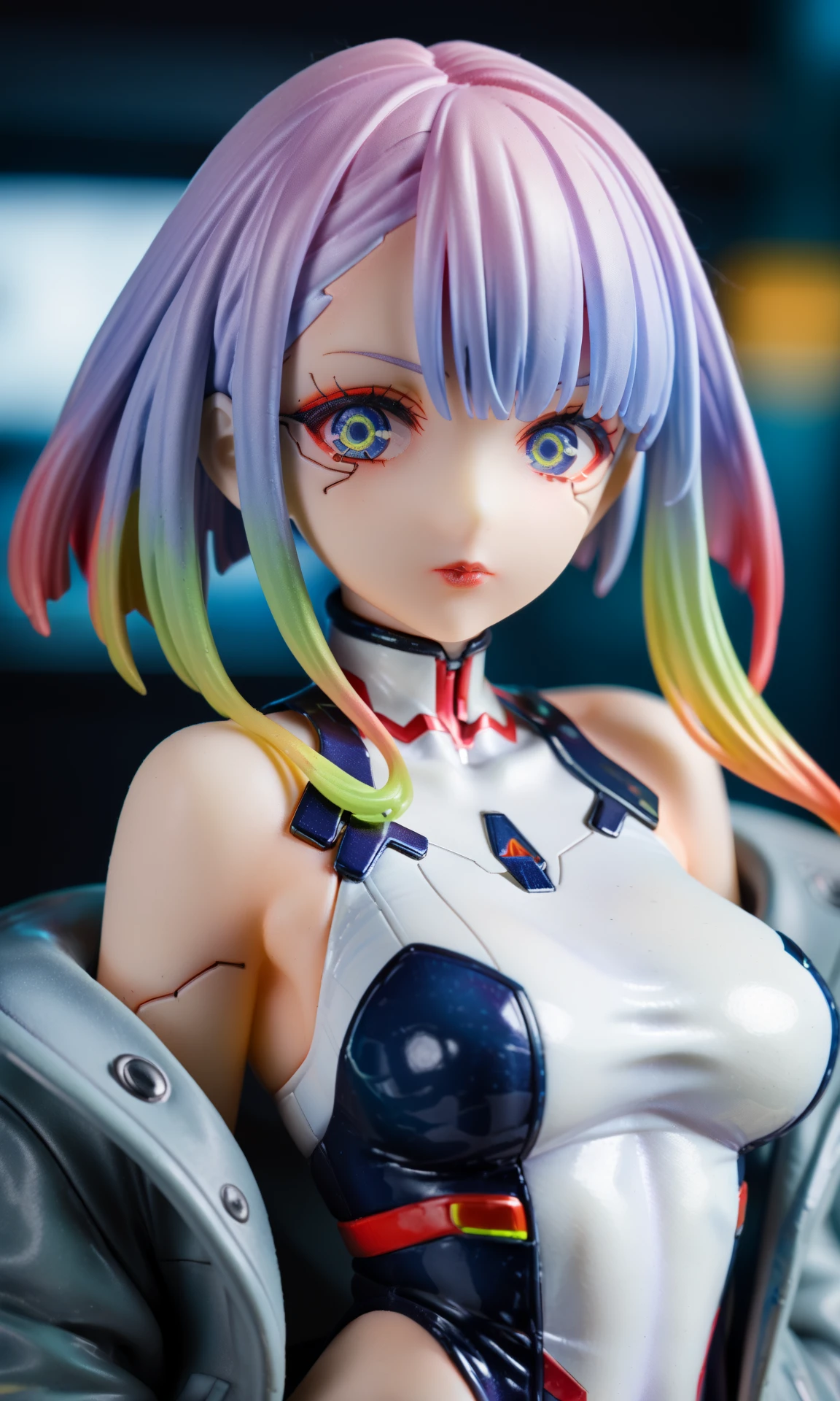 1girl,lucy \(cyberpunk\),cyberpunk \(series\),cyberpunk edgerunners,closed mouth,eyelashes,from side,lipstick,looking at viewer,makeup,multicolored hair,pink hair,portrait,red lips,sideways glance,solo,two-tone hair,white hair,colorful,blunt bangs,sideways mouth,turtleneck leotard,grey jacket,leotard,looking to the side,purple hair,medium breasts,upper body,sleeveless turtleneck leotard,turtleneck,open jacket,off shoulder,red eyeliner,breasts,multicolored eyes,blue eyes,bare shoulders,red eyes,high collar,open clothes,sidelocks,nose,floating hair,eyeliner,white leotard,short hair with long locks,lips,gradient hair,jacket,, , score_9,score_8_up,score_7_up,source_anime,photo background,the real background,