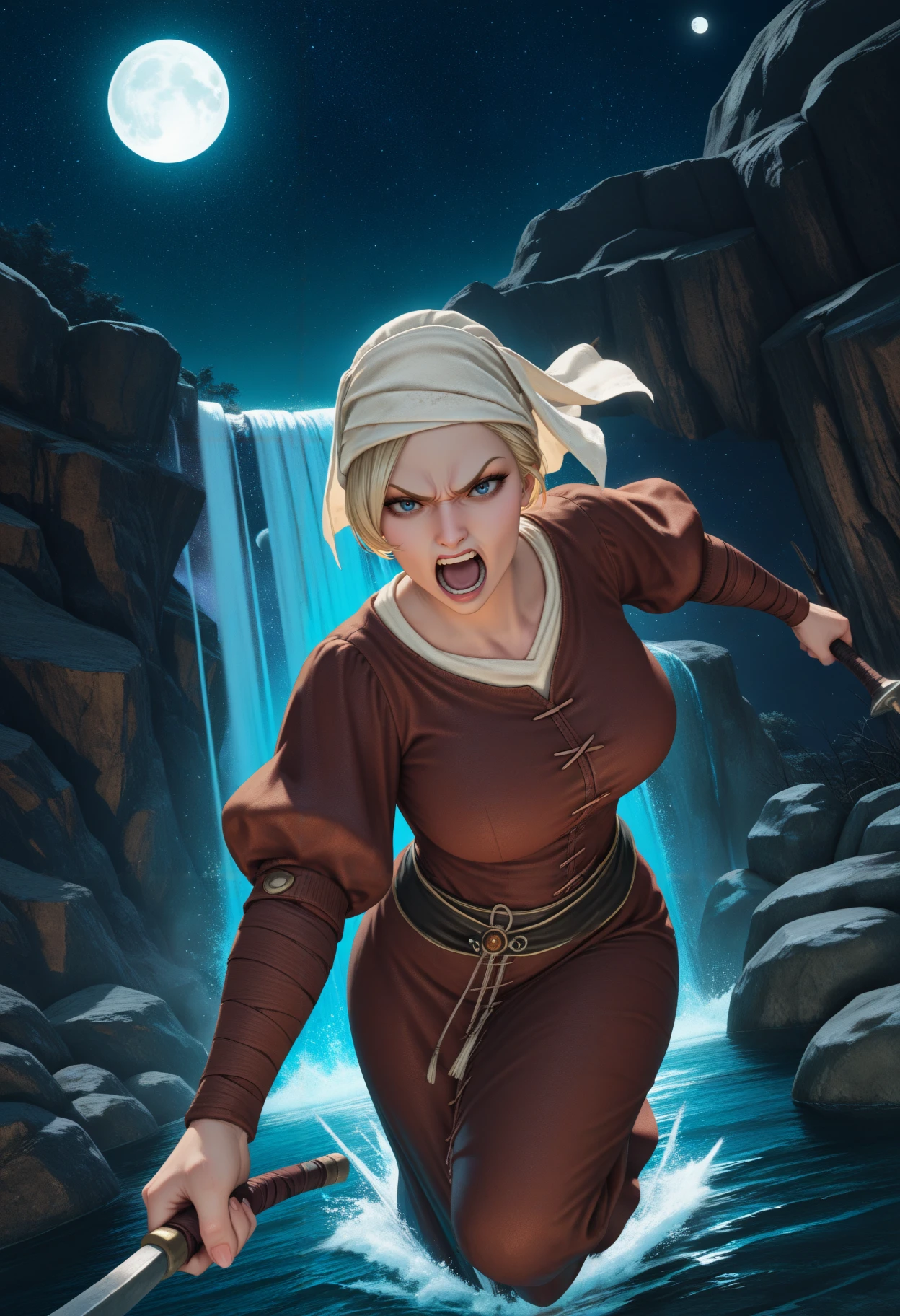 masterpiece, best quality, newest, hdr, waterfall, moon, moonlight, star \(sky\), starry sky, outdoors, looking at viewer, angry, shouting, mature female, curvy, white head scarf, blonde hair, short hair, puffy sleeves, long sleeves, brown arm wrap, blue eyes, brown dress, sash, holding weapon, incoming attack, foreshortening, dynamic pose,
<lora:Milibeth:0.7>